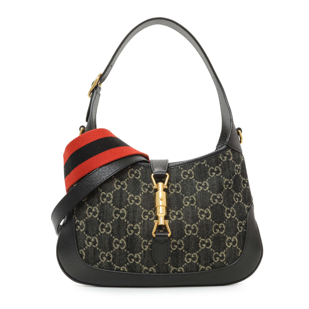 Gucci Black Jacquard Denim GG Monogram Small Jackie 1961 Hobo