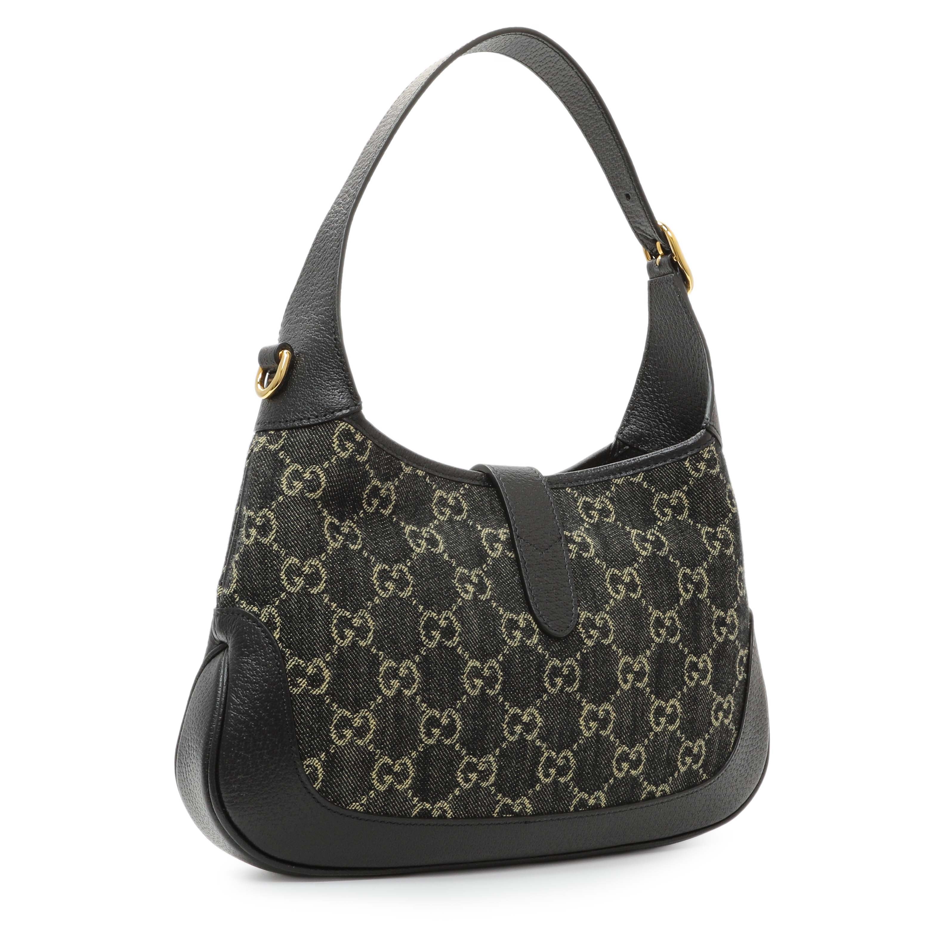 Gucci Black Jacquard Denim GG Monogram Small Jackie 1961 Hobo