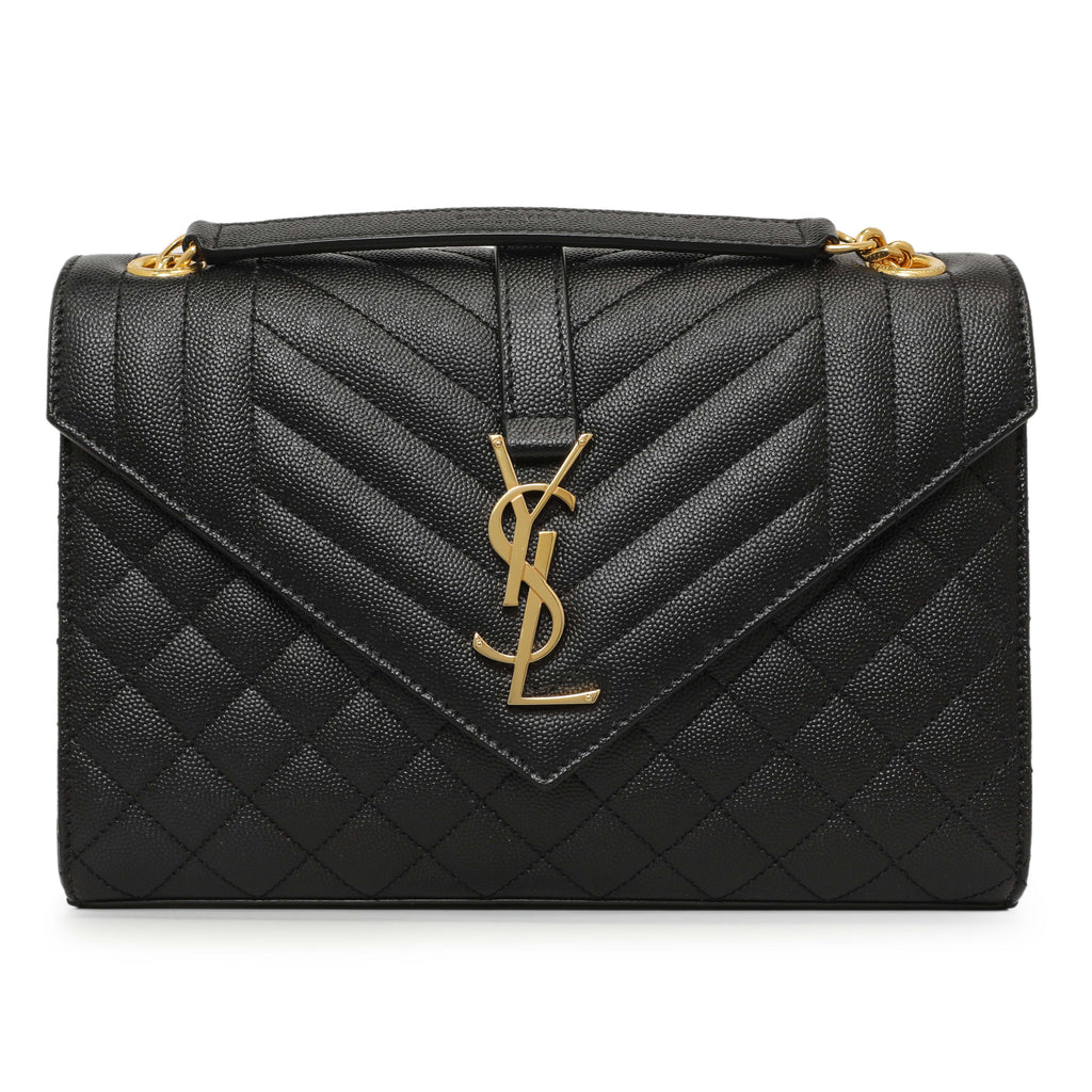 Saint Laurent Black Grain De Poudre Matelasse Chevron Medium Triquilt Monogram Satchel