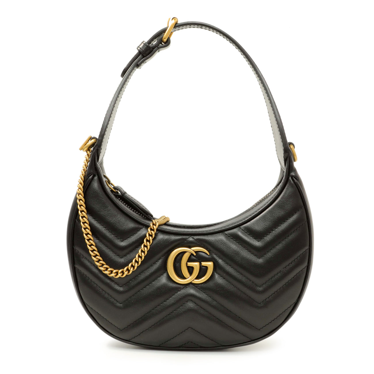 Gucci Black Calfskin Matelasse Chevron Mini GG Marmont Half Moon Hobo