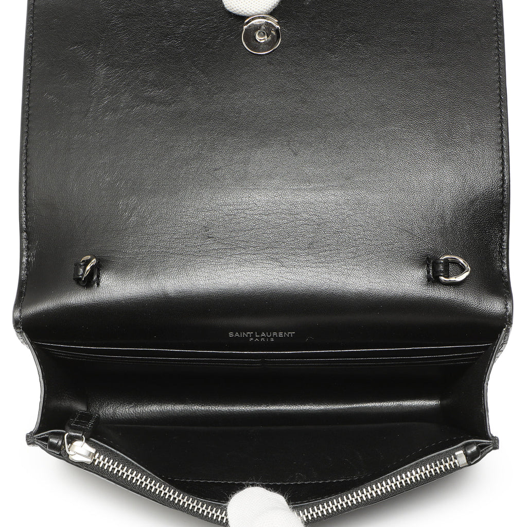 Saint Laurent Black Crocodile Embossed Calfskin Kate Monogram Tassel Chain Wallet
