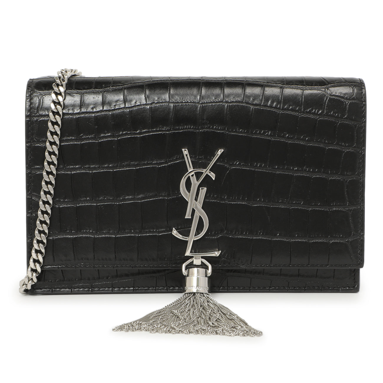 Saint Laurent Black Crocodile Embossed Calfskin Kate Monogram Tassel Chain Wallet
