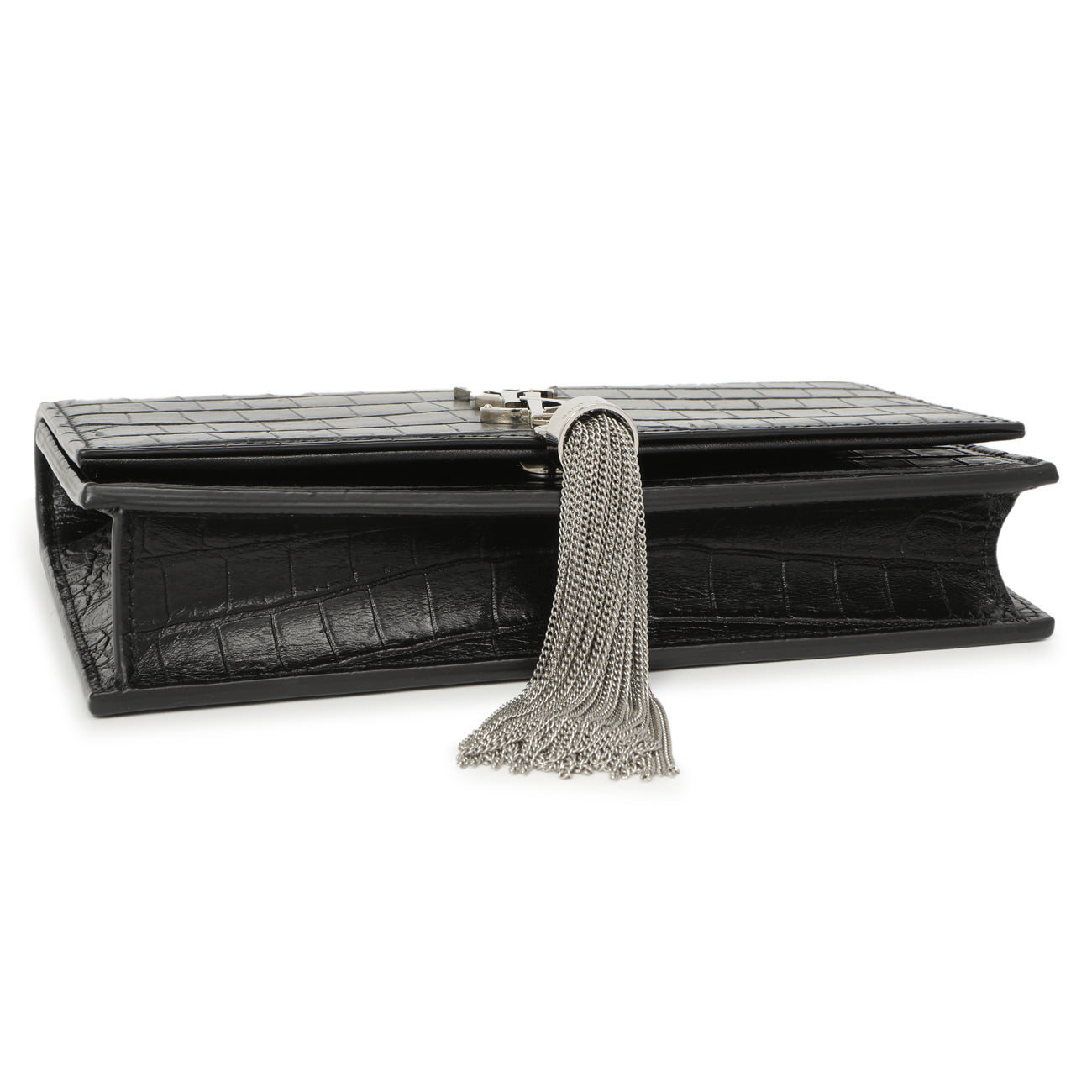 Saint Laurent Black Crocodile Embossed Calfskin Kate Monogram Tassel Chain Wallet
