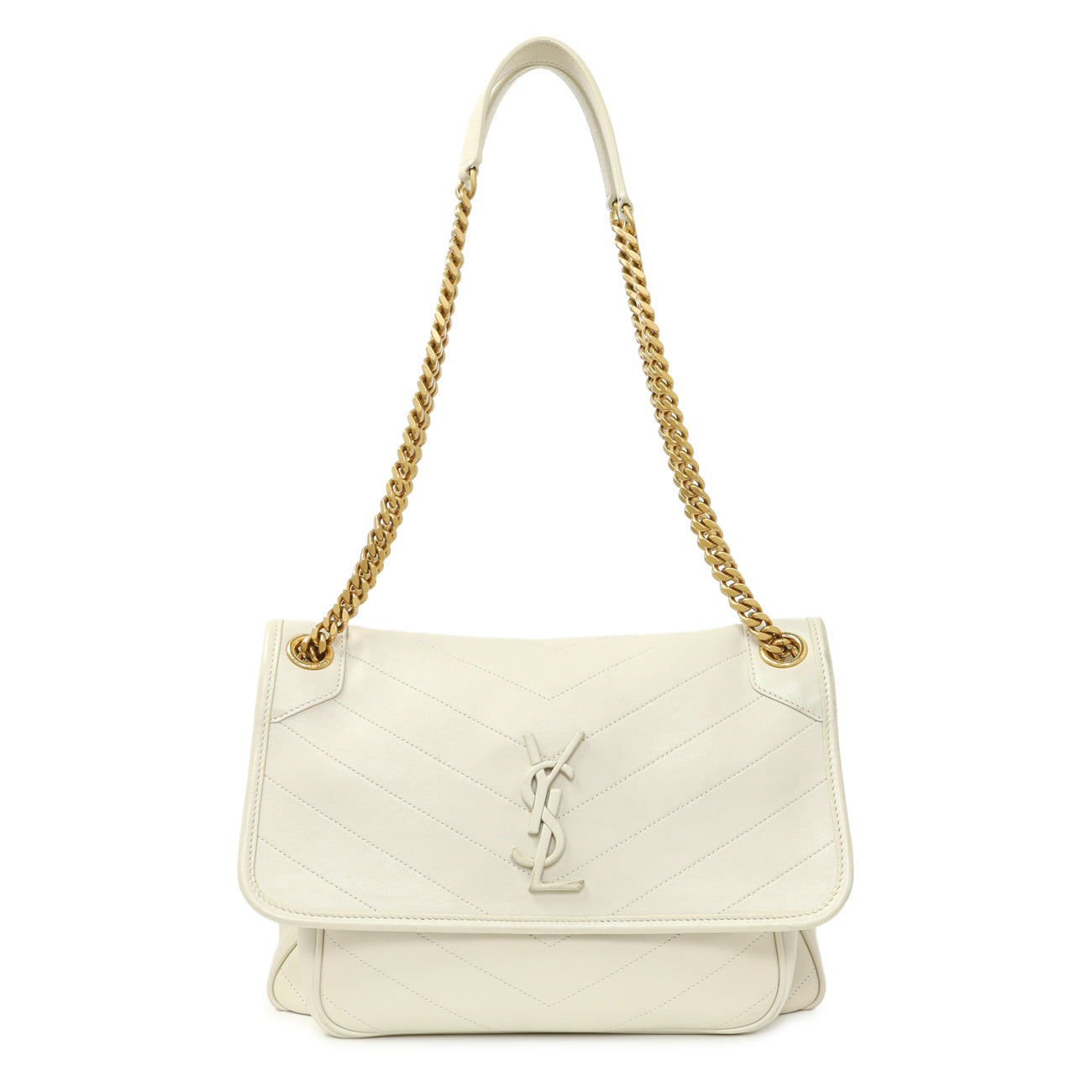 Saint Laurent White Lambskin Matelasse Monogram Medium Niki Chain Satchel