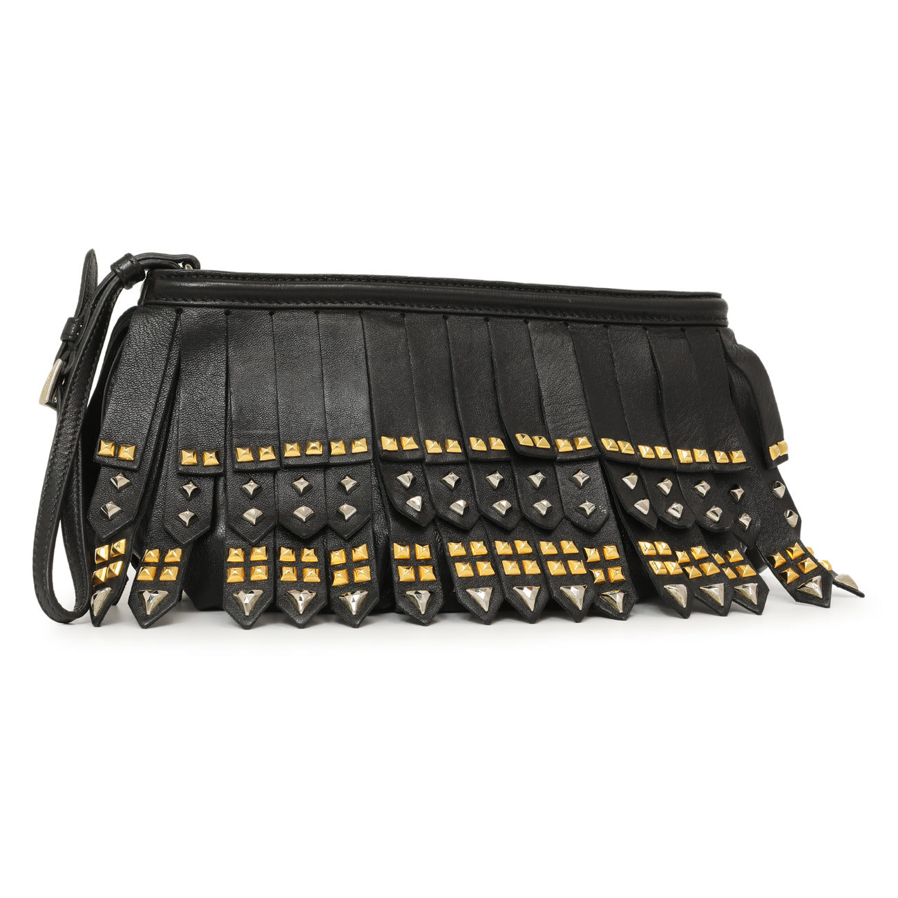 Prada Black Nappa Studded Fringe Wristlet Clutch