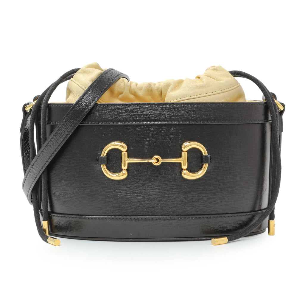 Gucci Black Beige Calfskin Horsebit 1955 Drawstring Bucket Bag