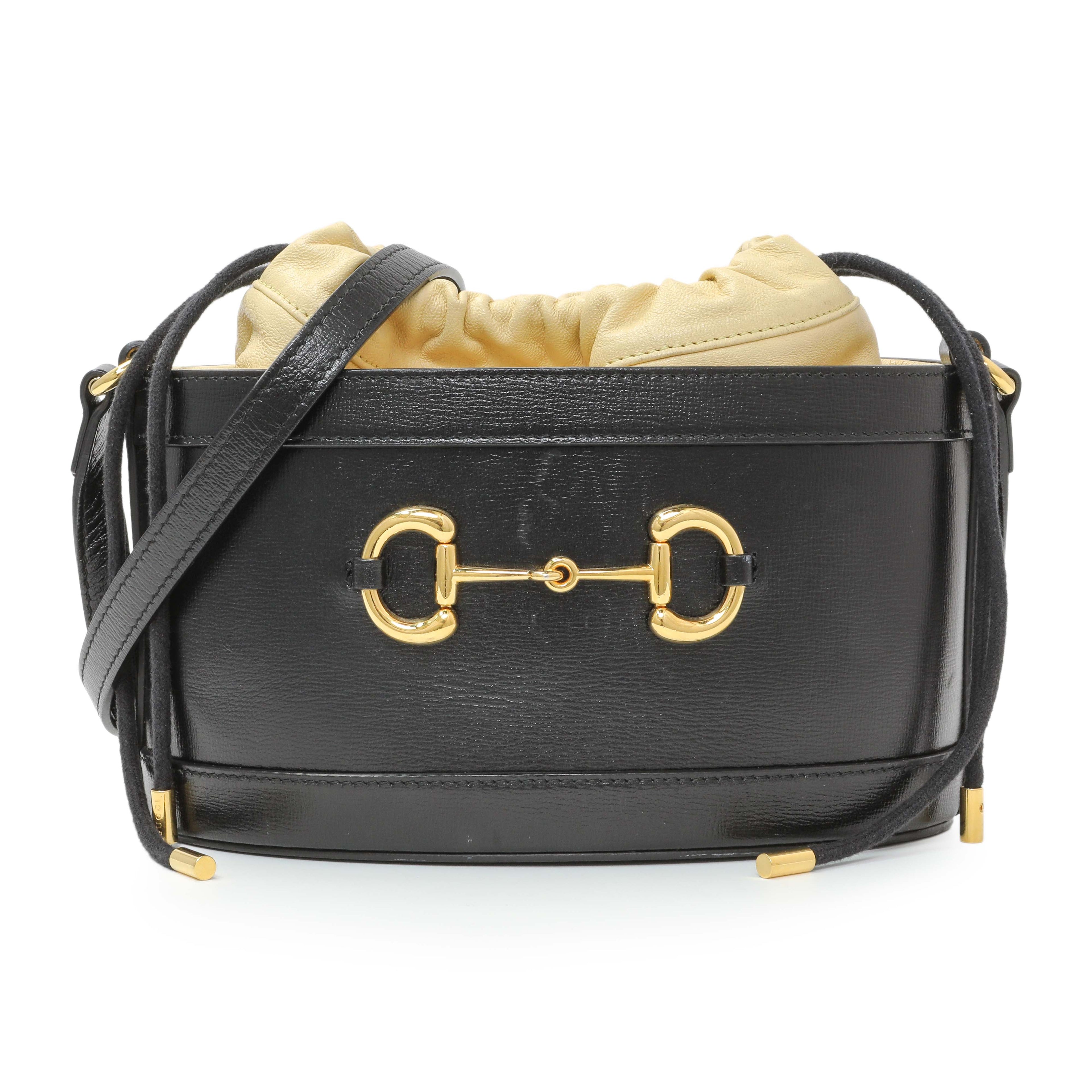 Gucci Black Beige Calfskin Horsebit 1955 Drawstring Bucket Bag
