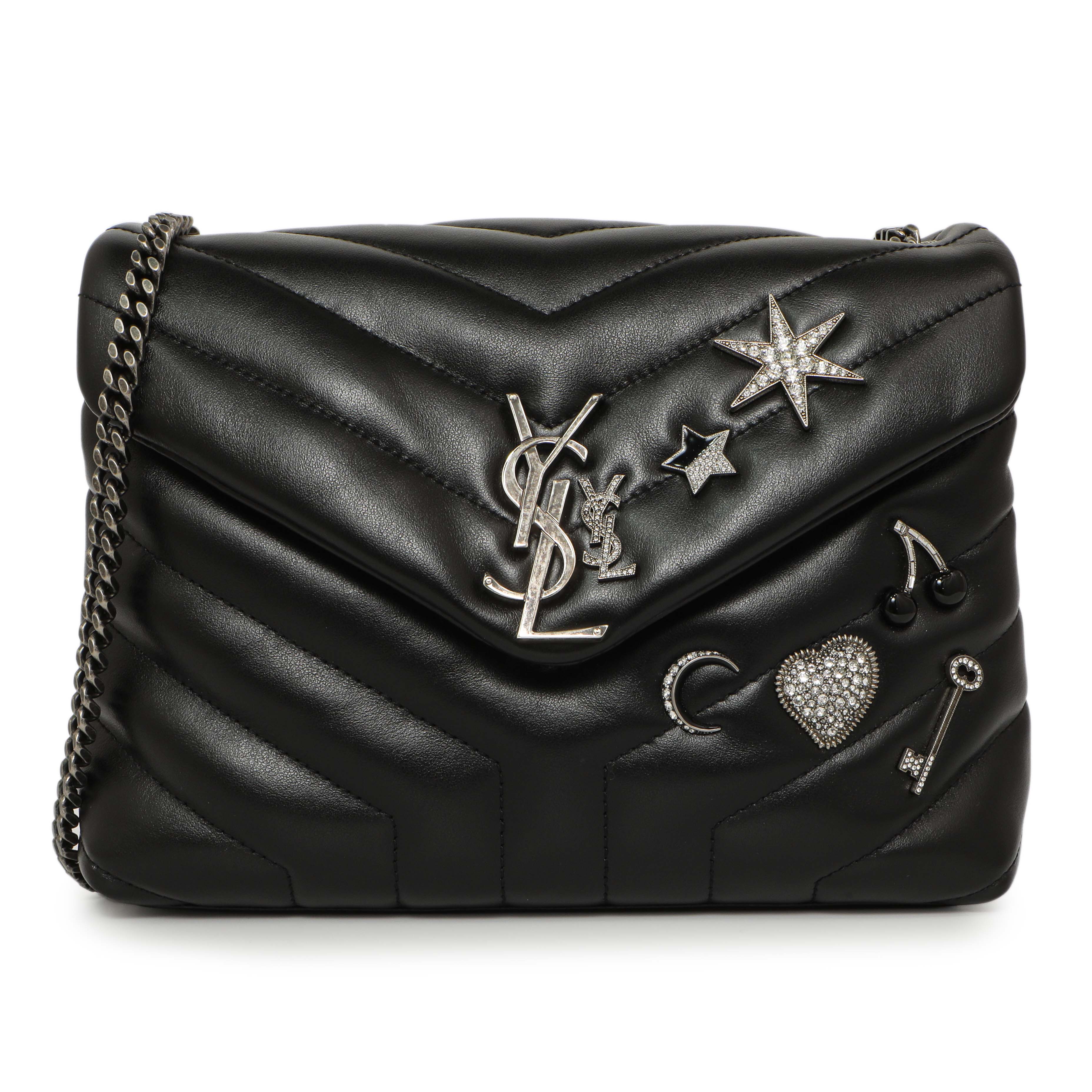 Saint Laurent Black Calfskin Y Quilted Monogram Small Charm Loulou Chain Satchel