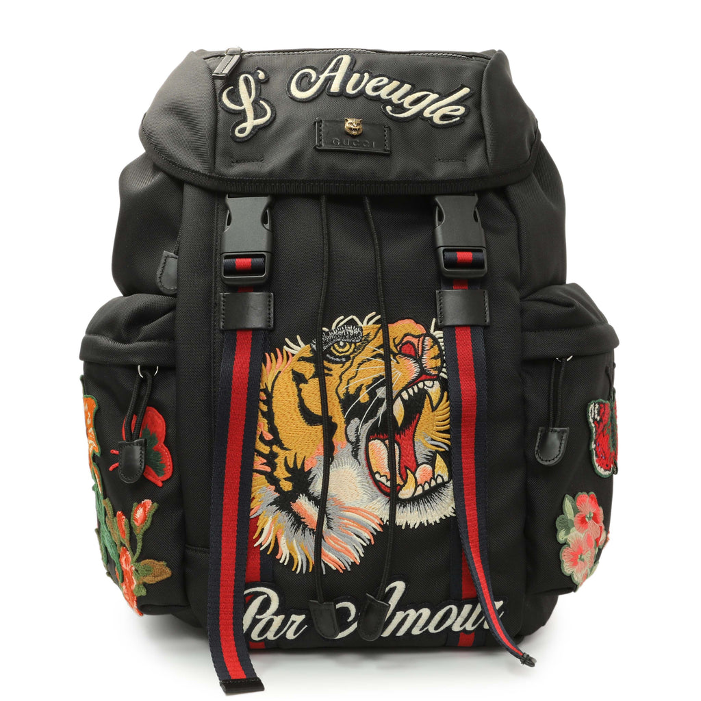 Gucci Techno Canvas Web L'Aveugle Par Amour Embroidered Double Buckle Backpack