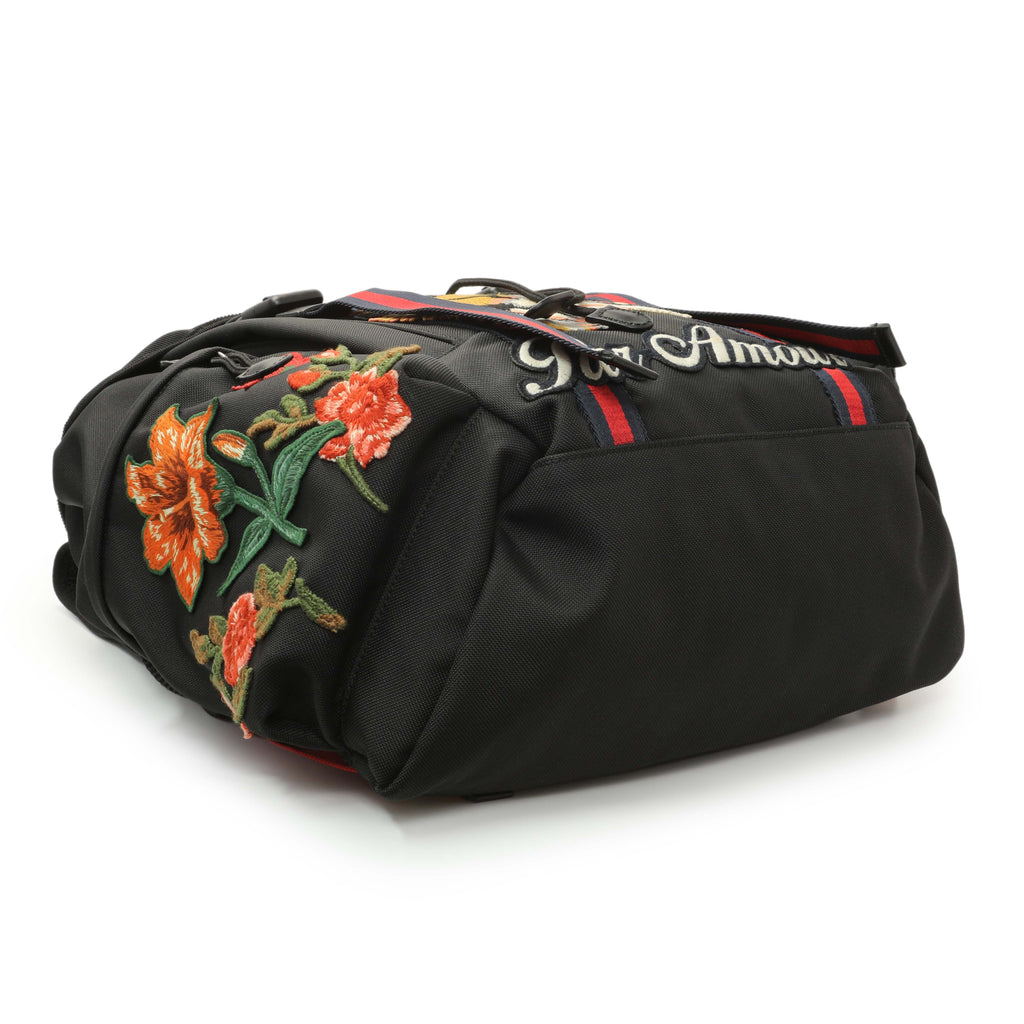 Gucci Techno Canvas Web L'Aveugle Par Amour Embroidered Double Buckle Backpack