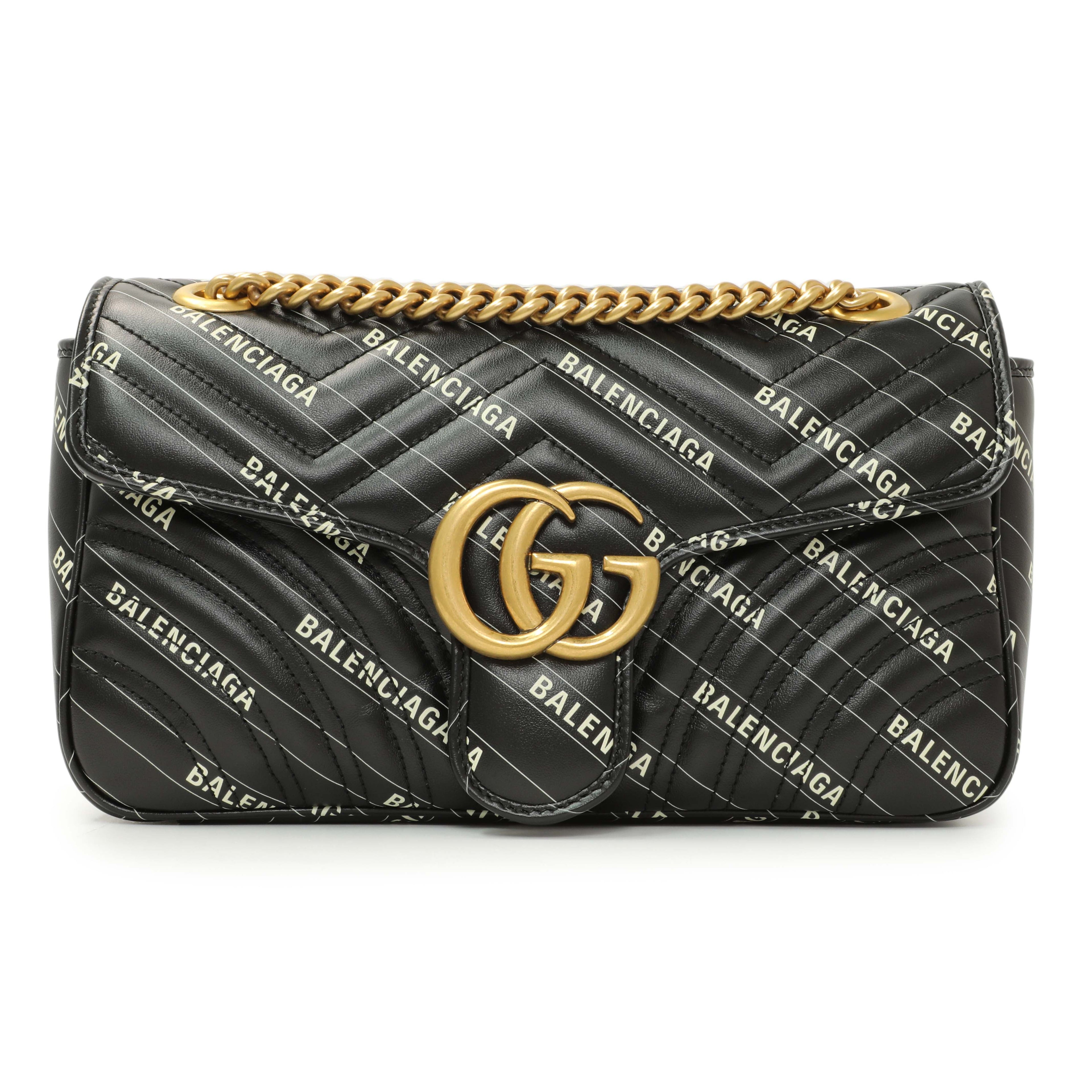 Gucci X Balenciaga Calfskin Matelasse Logo Print Small GG Marmont Shoulder Bag