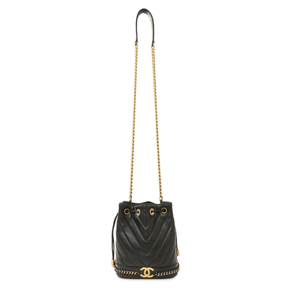 Chanel Black Sheepskin Chevron Quilted Drawstring Bag