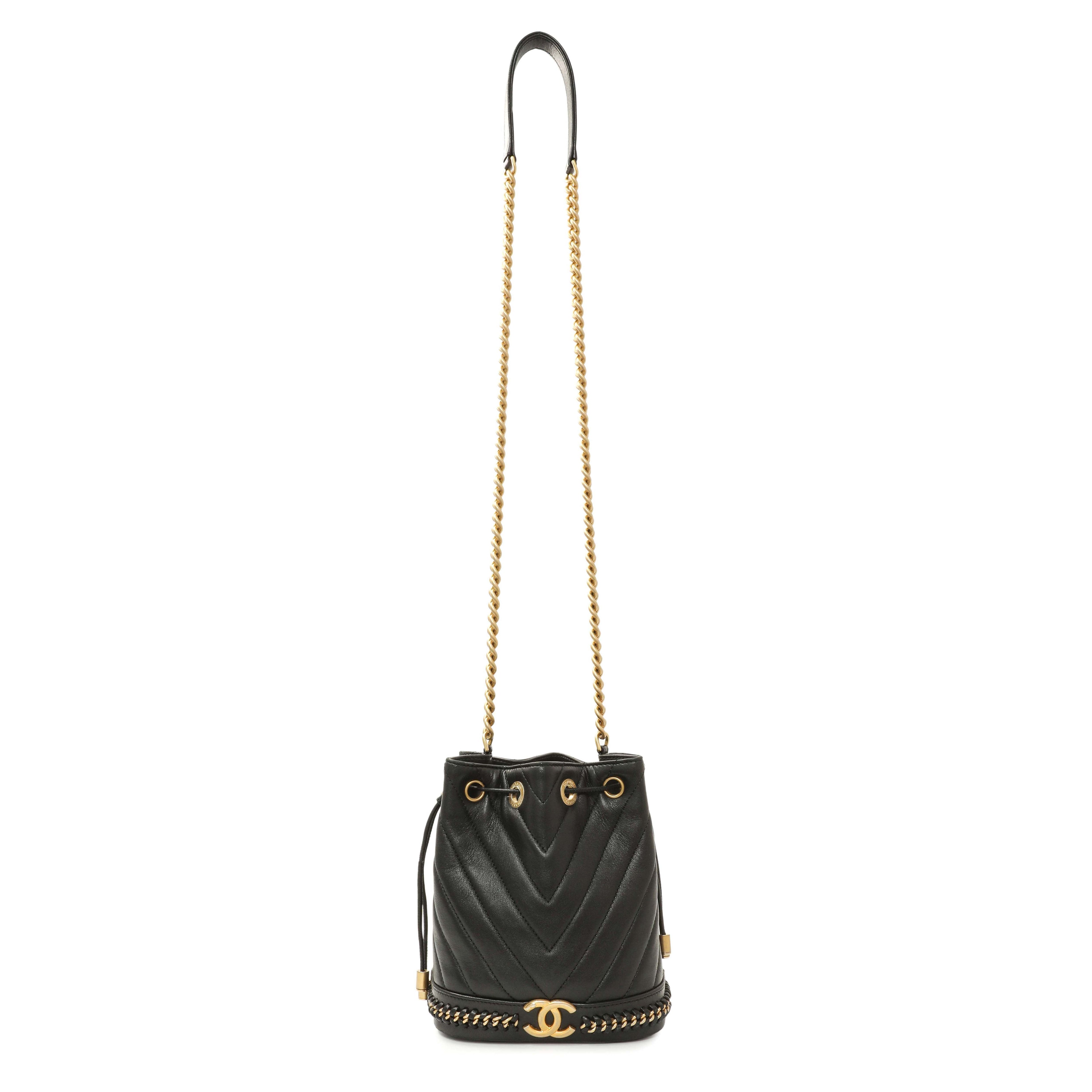 Chanel Black Sheepskin Chevron Quilted Drawstring Bag