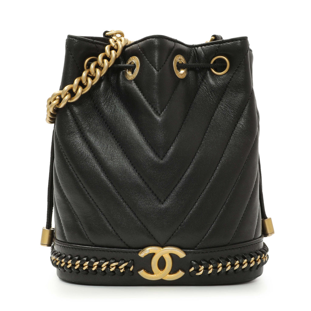 Chanel Black Sheepskin Chevron Quilted Drawstring Bag