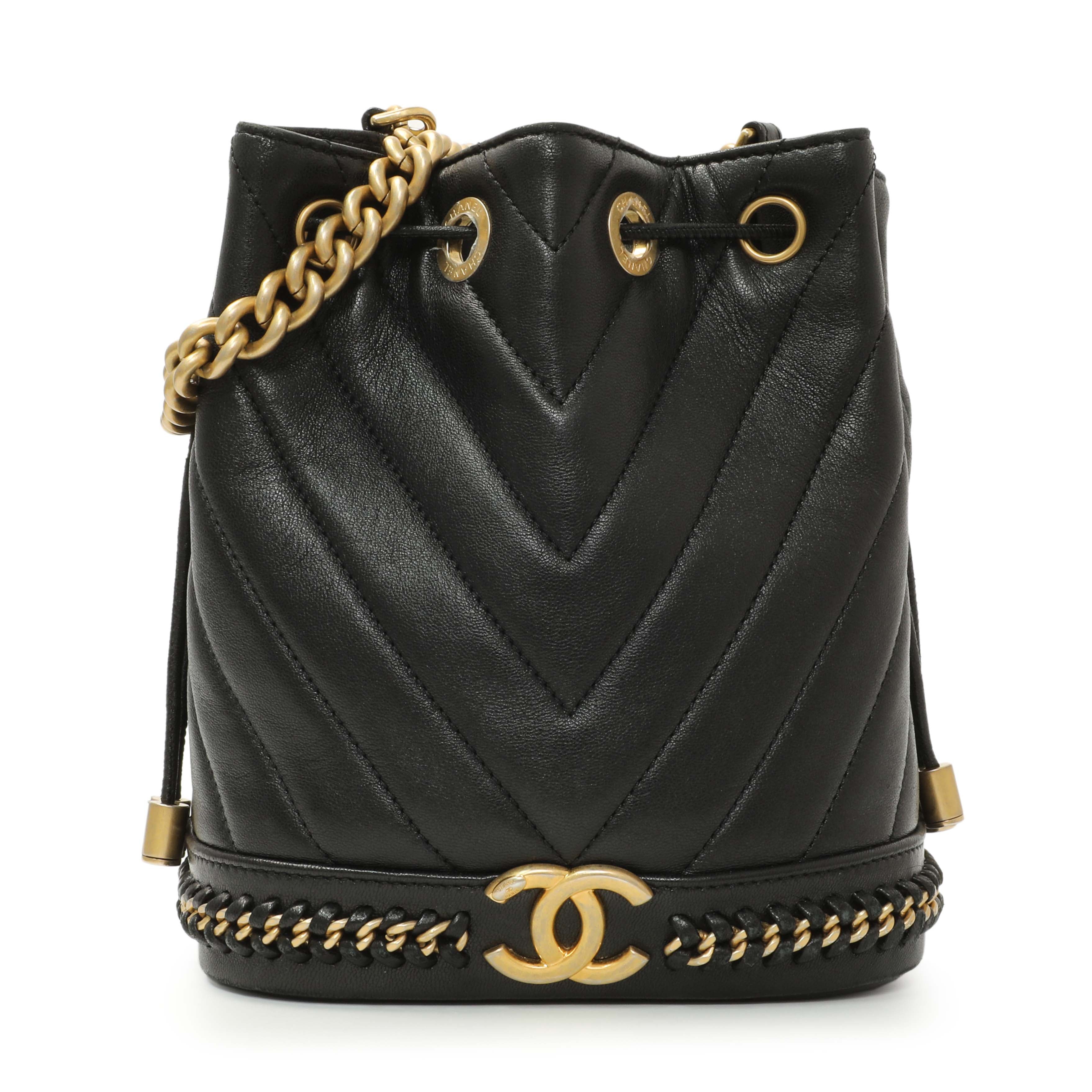 Chanel Black Sheepskin Chevron Quilted Drawstring Bag