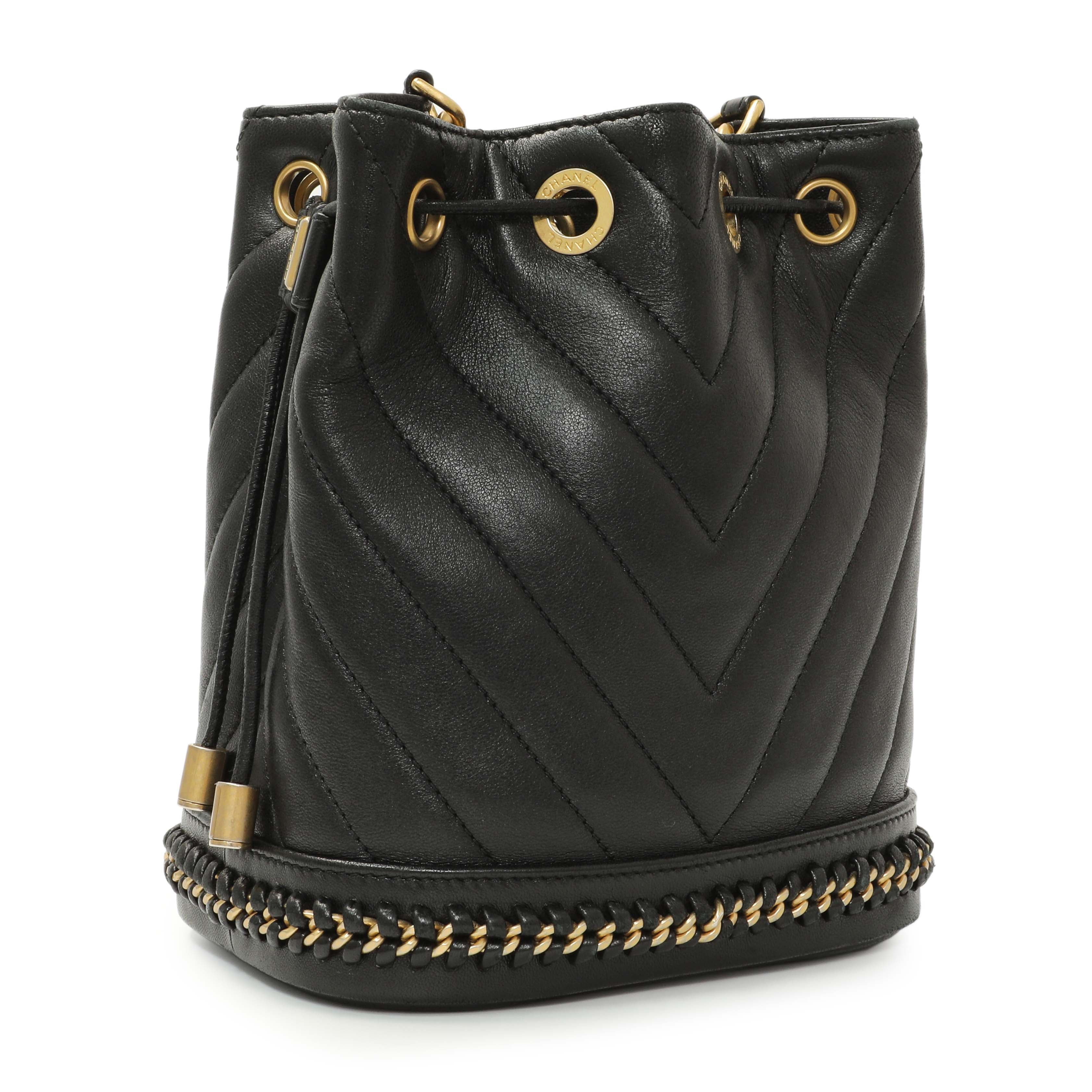 Chanel Black Sheepskin Chevron Quilted Drawstring Bag