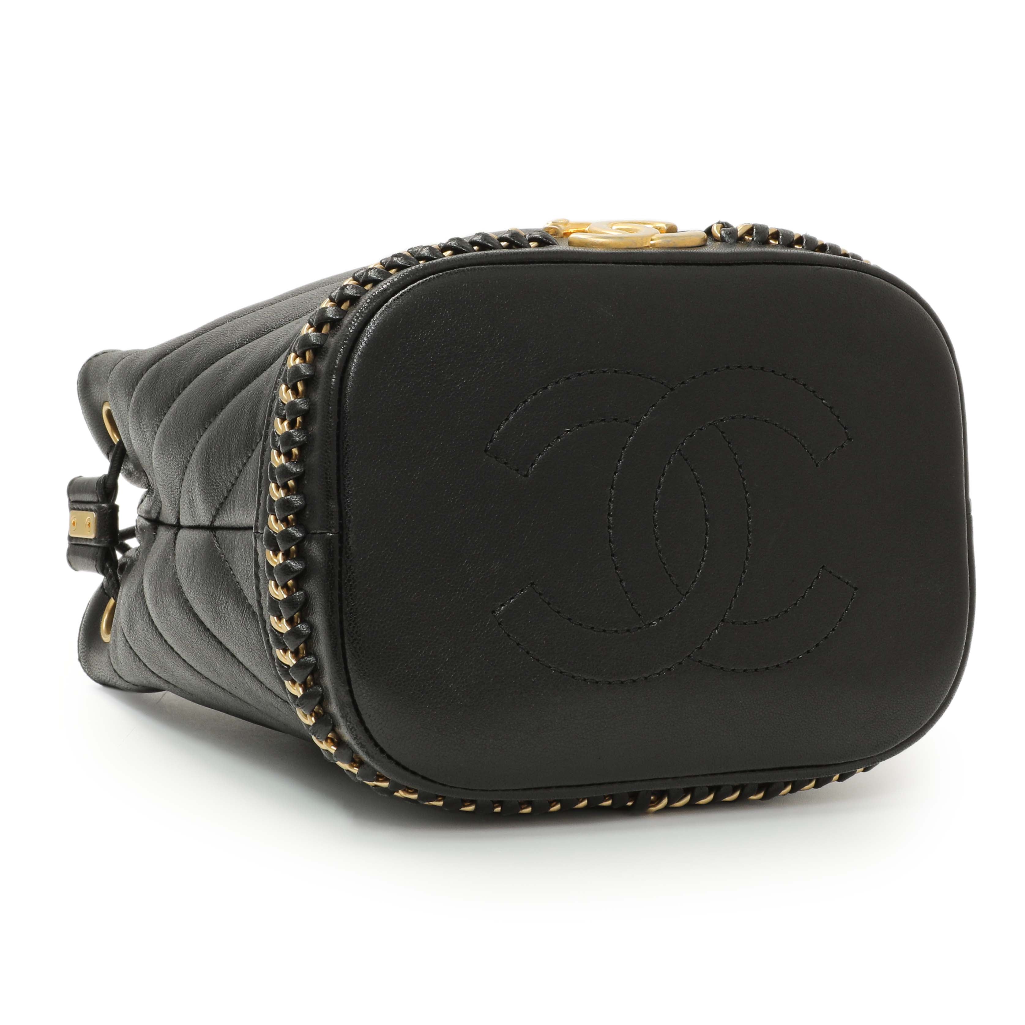 Chanel Black Sheepskin Chevron Quilted Drawstring Bag