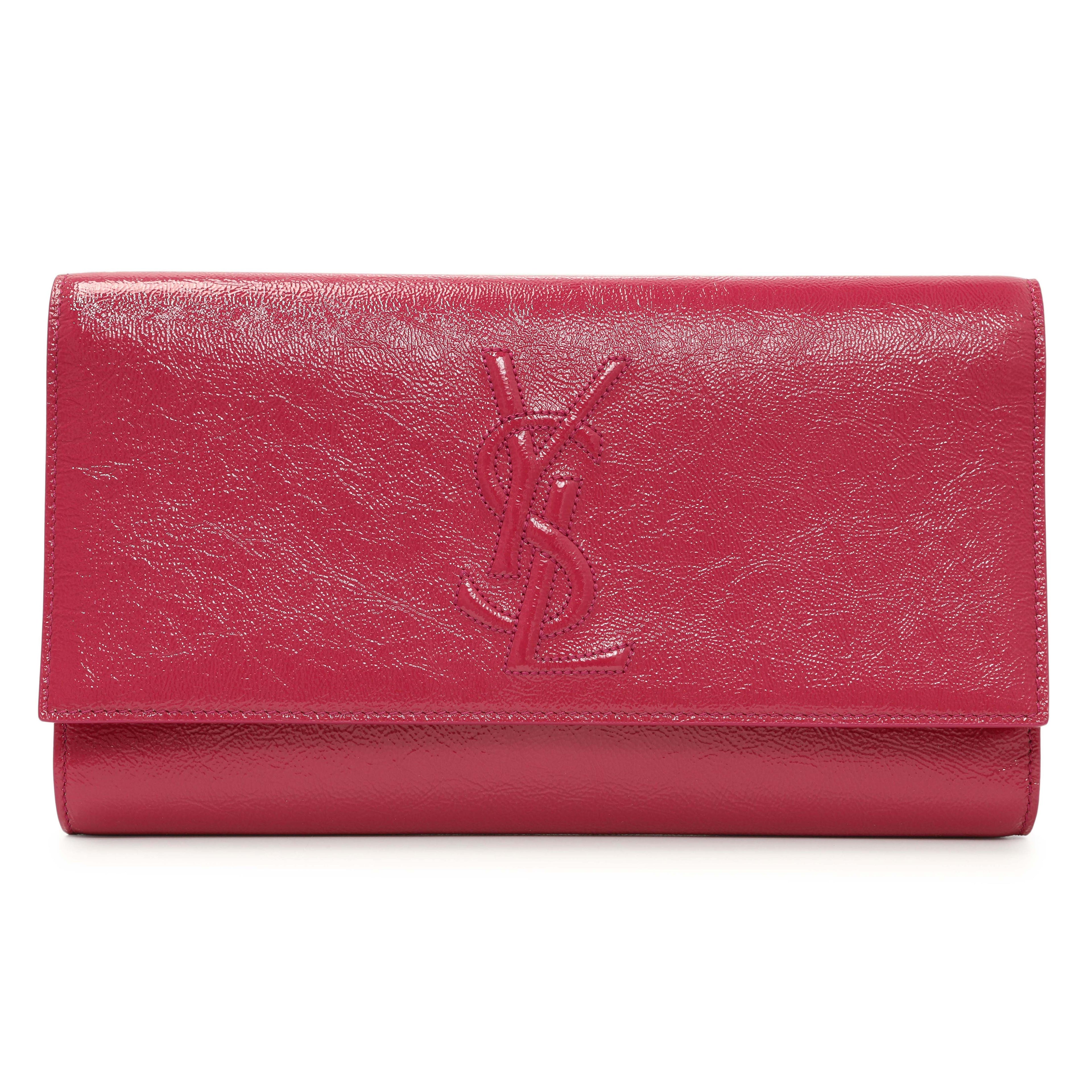 Saint Laurent Fuchsia Textured Patent Monogram Large Belle De Jour Clutch