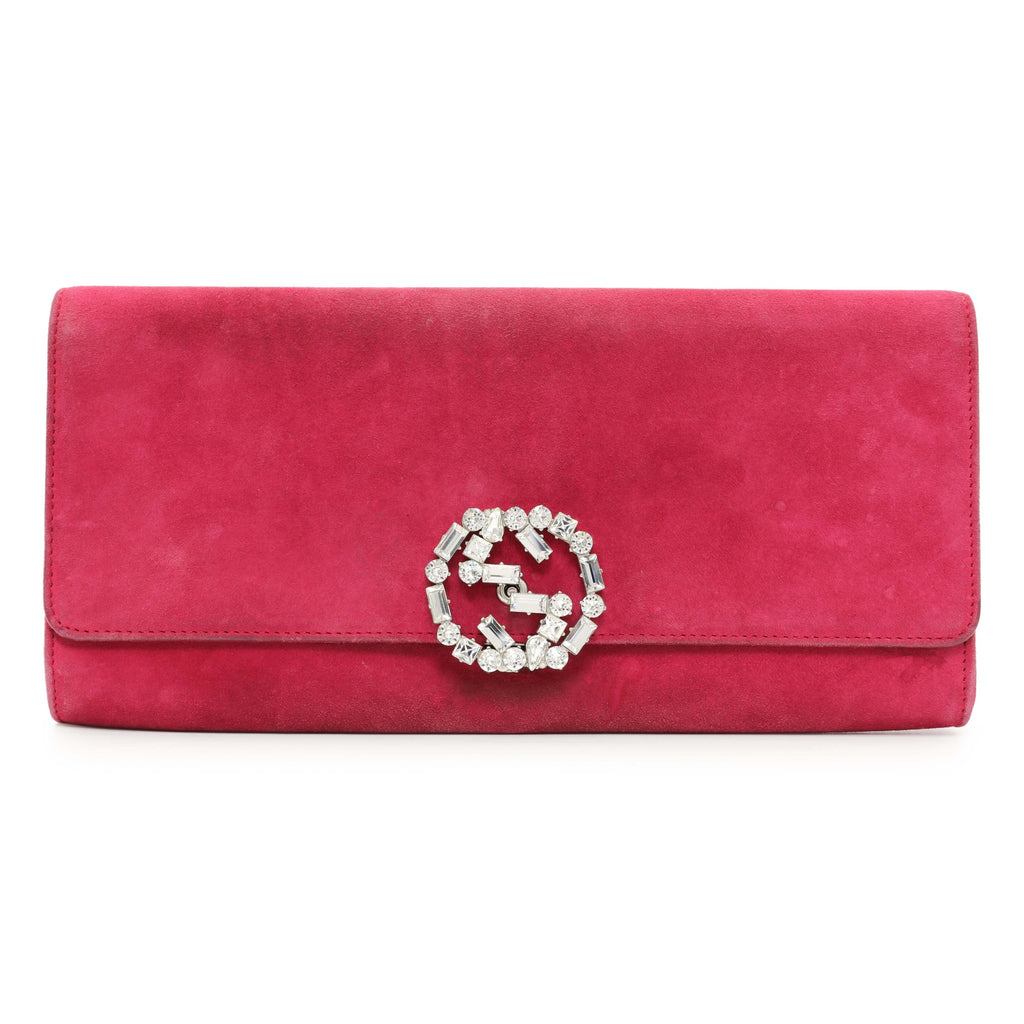 Gucci Pink Suede Crystal Interlocking Clutch