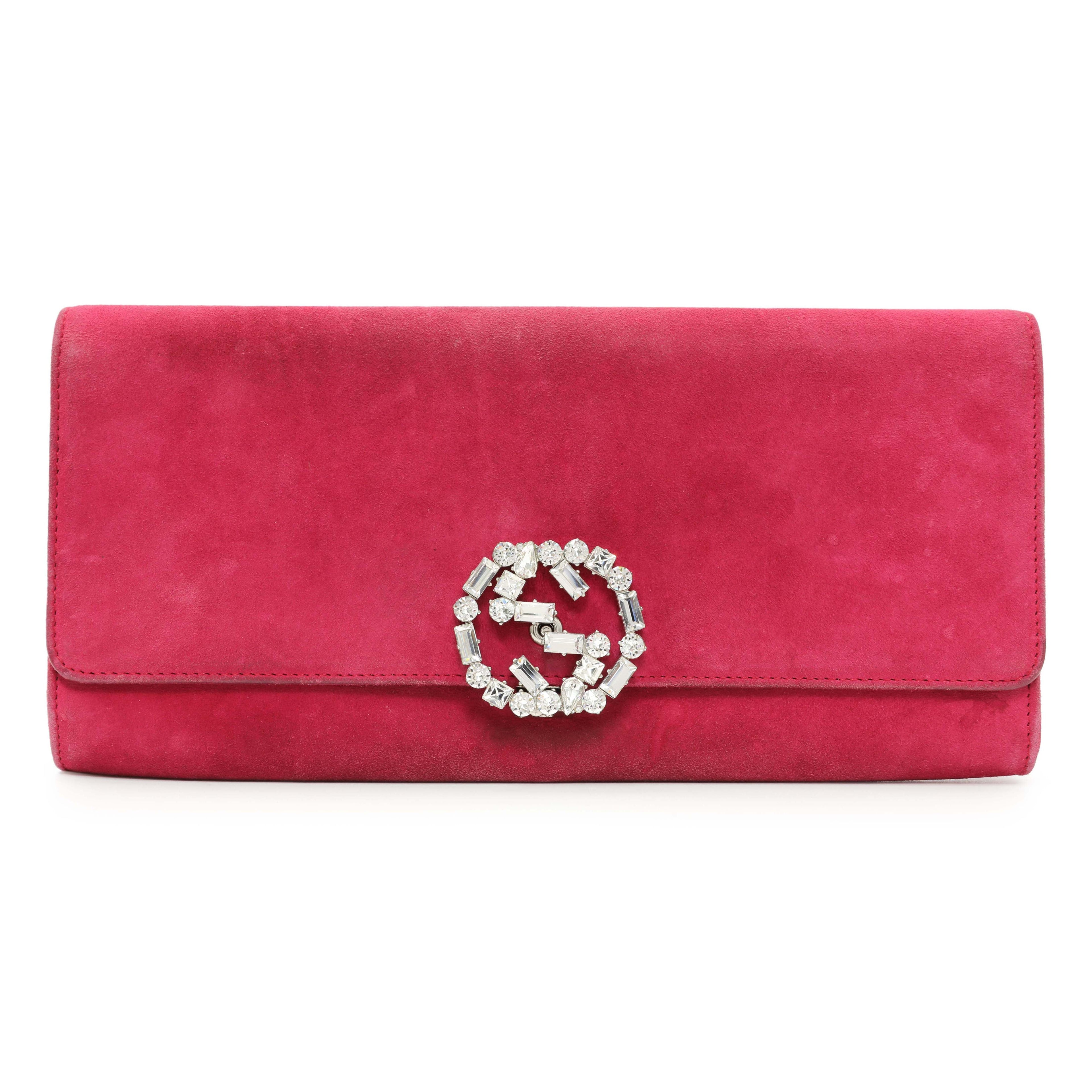 Gucci Pink Suede Crystal Interlocking Clutch