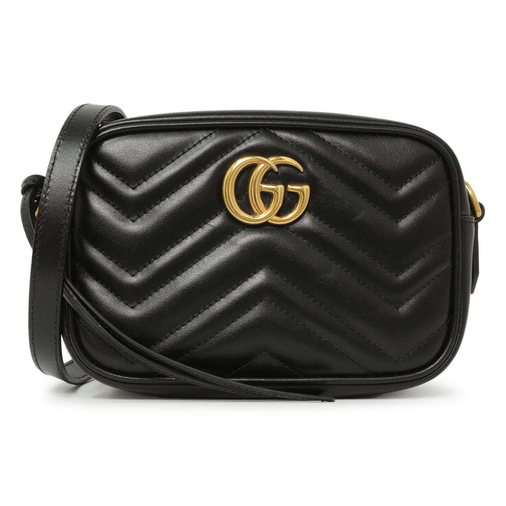 Gucci Black Calfskin Matelasse Mini GG Marmont Chain Shoulder Bag