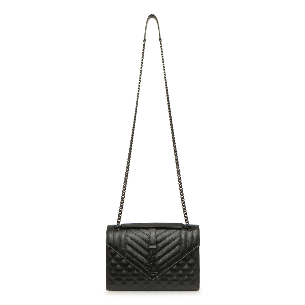 Saint Laurent Black Grain De Poudre Textured Mixed Matelasse Medium Triquilt Monogram Envelope Satchel