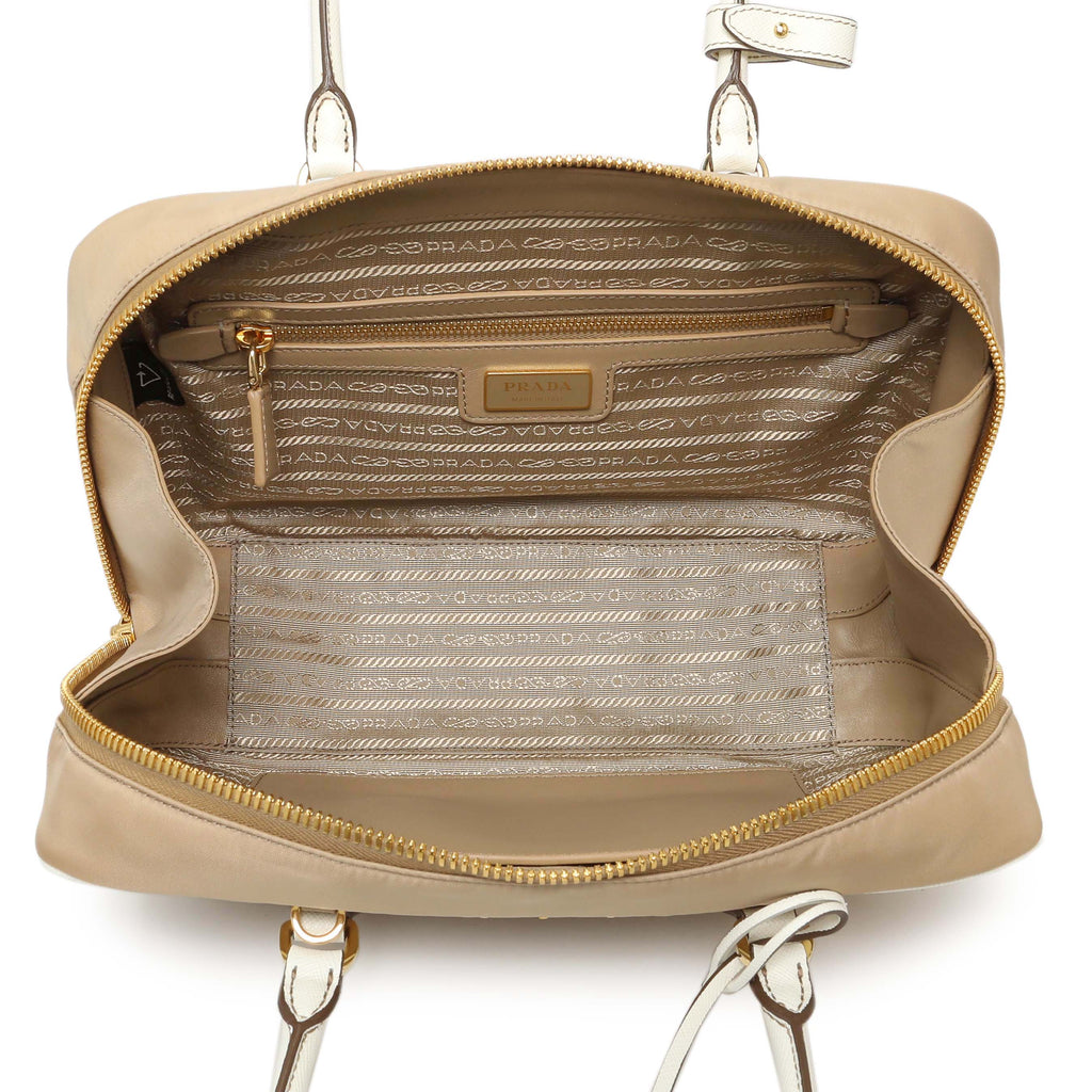 Prada Camel White Re-Nylon Saffiano Medium Re-Edition 1978 Two Handle Bag
