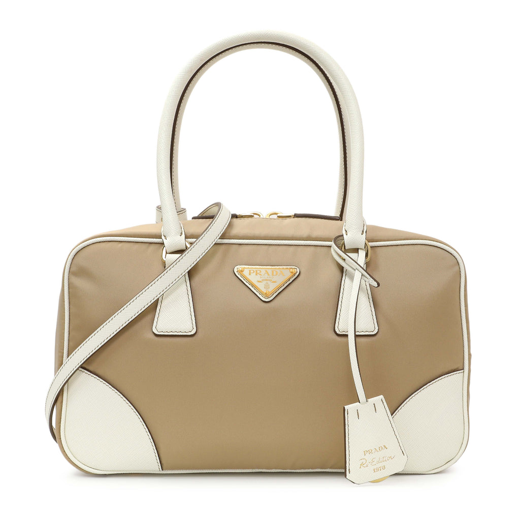 Prada Camel White Re-Nylon Saffiano Medium Re-Edition 1978 Two Handle Bag