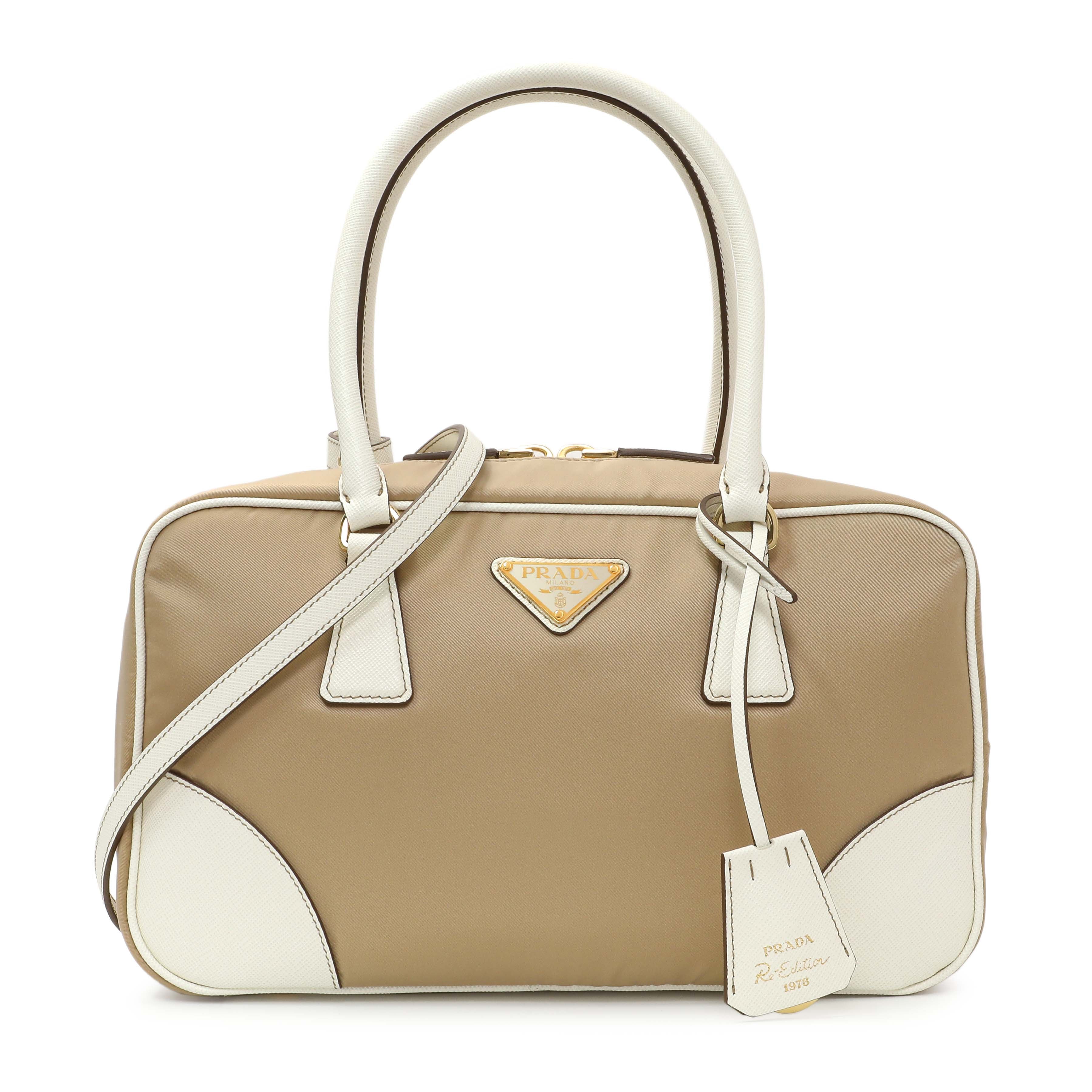 Prada Camel White Re-Nylon Saffiano Medium Re-Edition 1978 Two Handle Bag