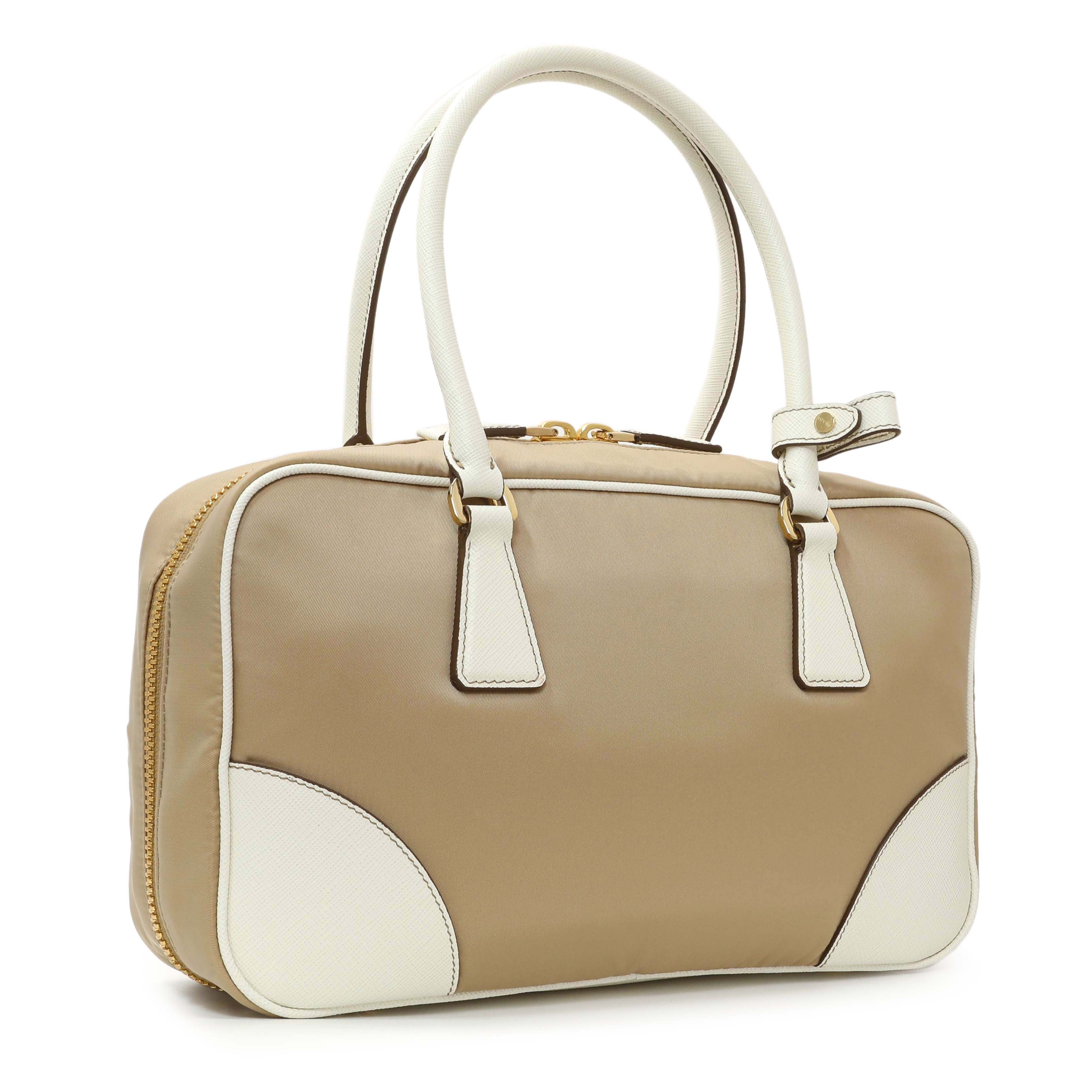 Prada Camel White Re-Nylon Saffiano Medium Re-Edition 1978 Two Handle Bag