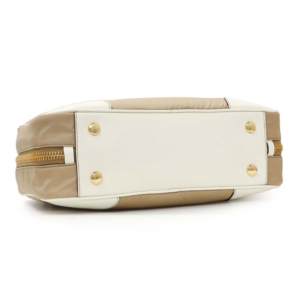 Prada Camel White Re-Nylon Saffiano Medium Re-Edition 1978 Two Handle Bag