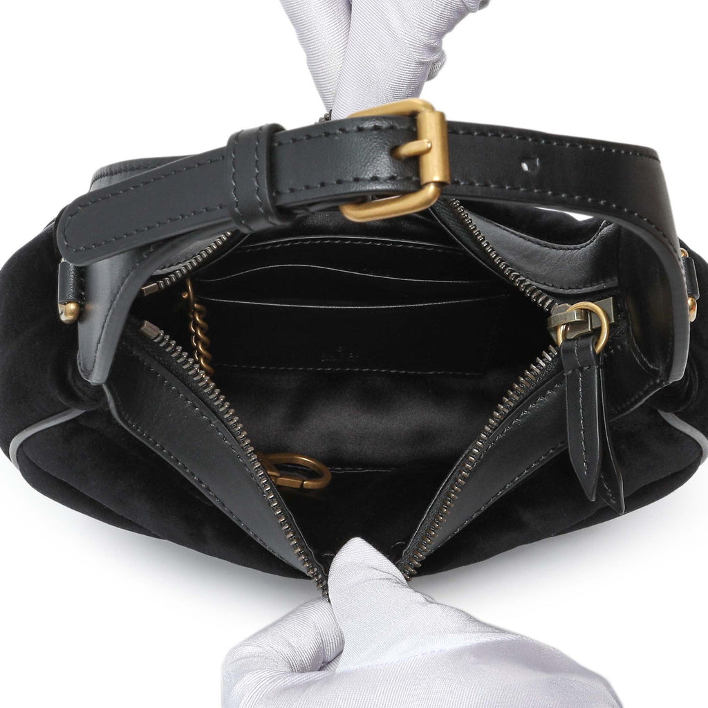 Gucci Black Velvet Matelasse Double G Studs Marmont Half Moon Hobo