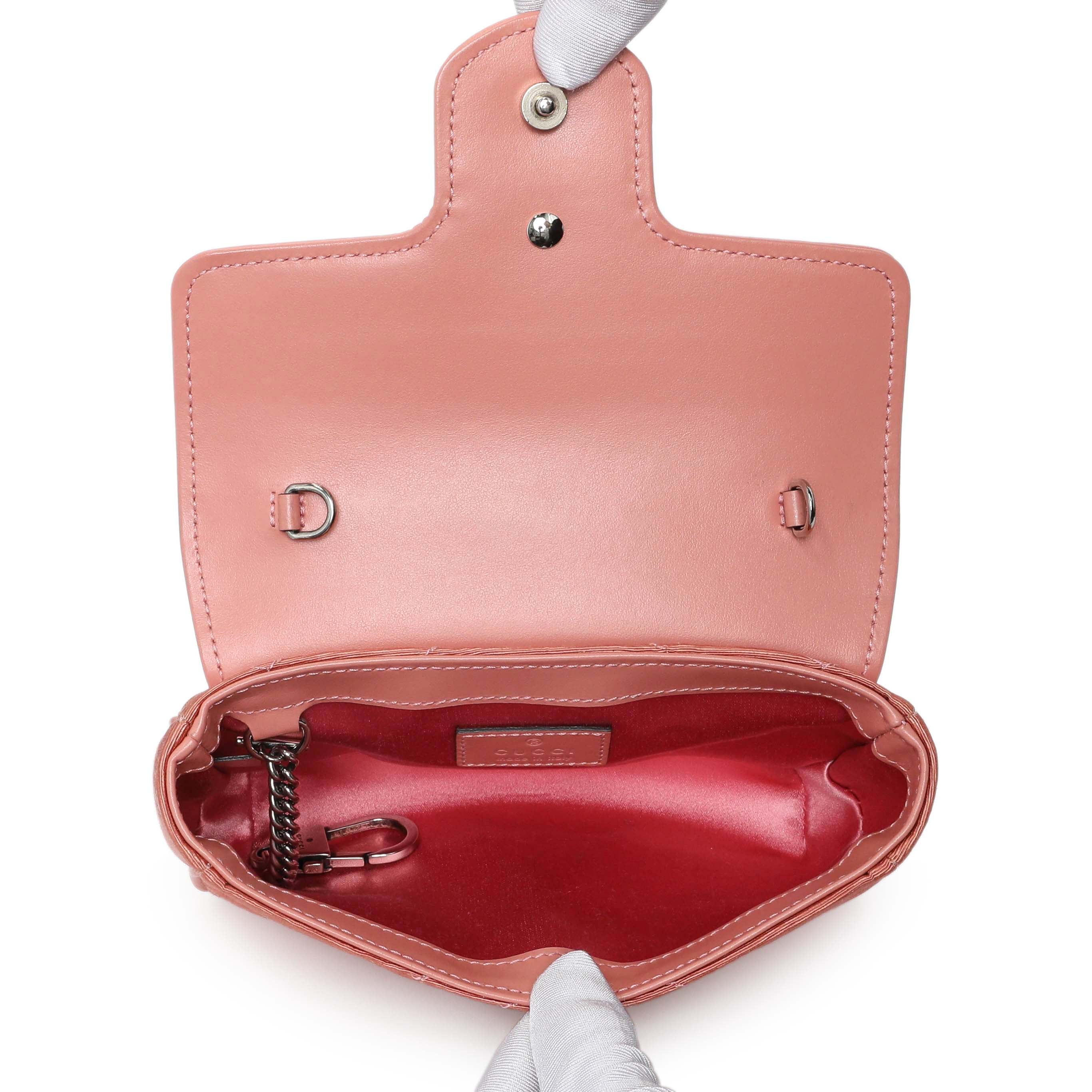 Gucci Blush Moire Fabric Mini GG Marmont Crystal Chain Belt Bag