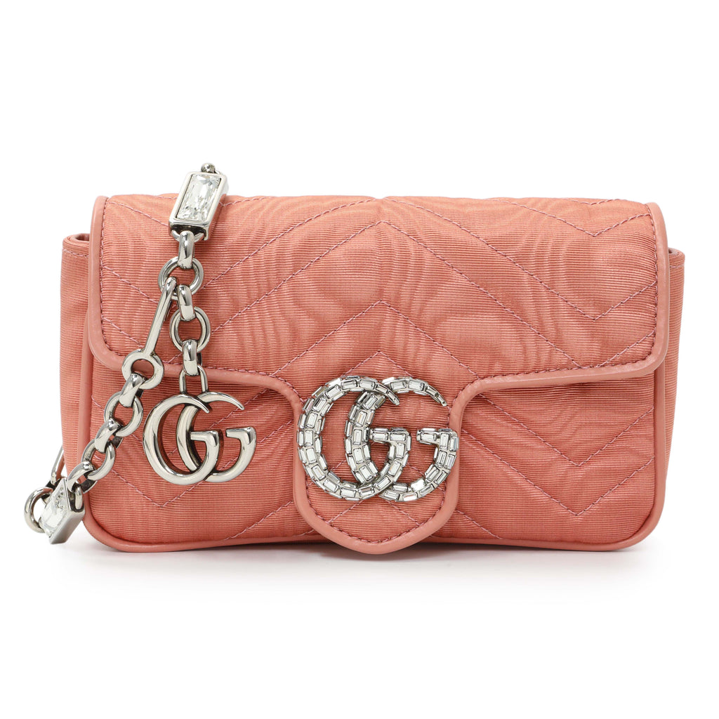 Gucci Blush Moire Fabric Mini GG Marmont Crystal Chain Belt Bag