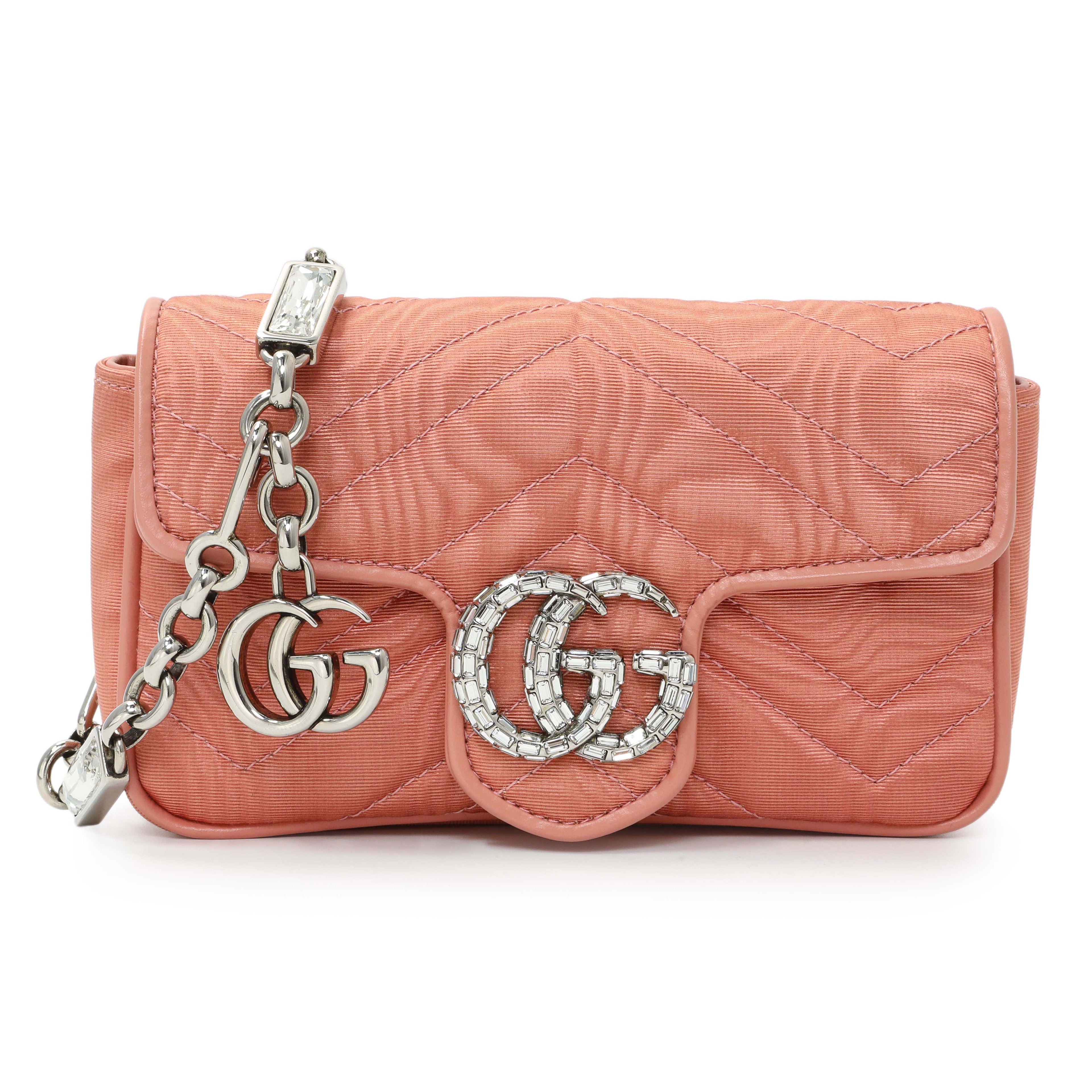 Gucci Blush Moire Fabric Mini GG Marmont Crystal Chain Belt Bag