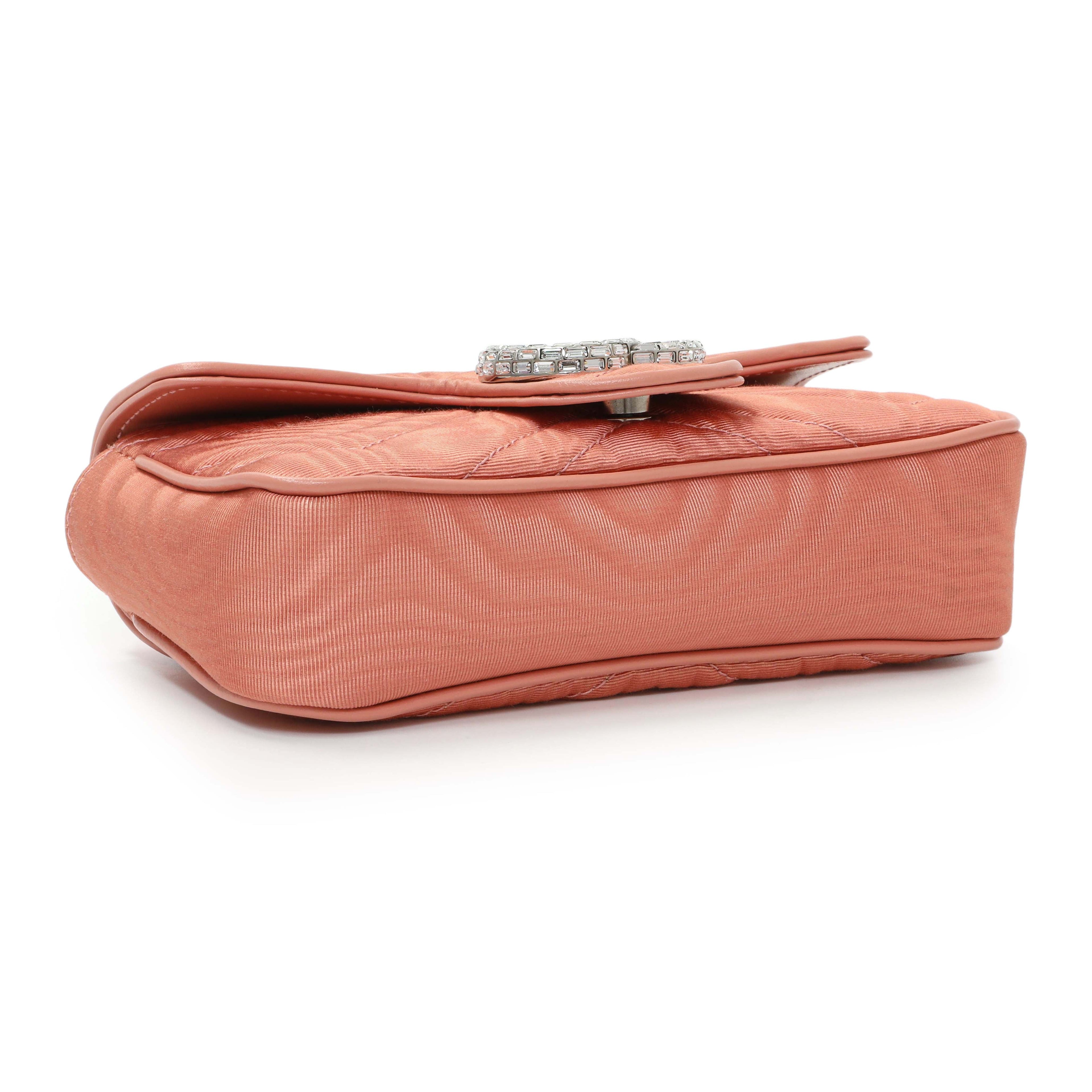 Gucci Blush Moire Fabric Mini GG Marmont Crystal Chain Belt Bag