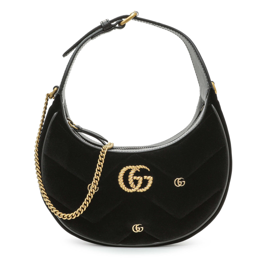 Gucci Black Velvet Matelasse Double G Studs Marmont Half Moon Hobo