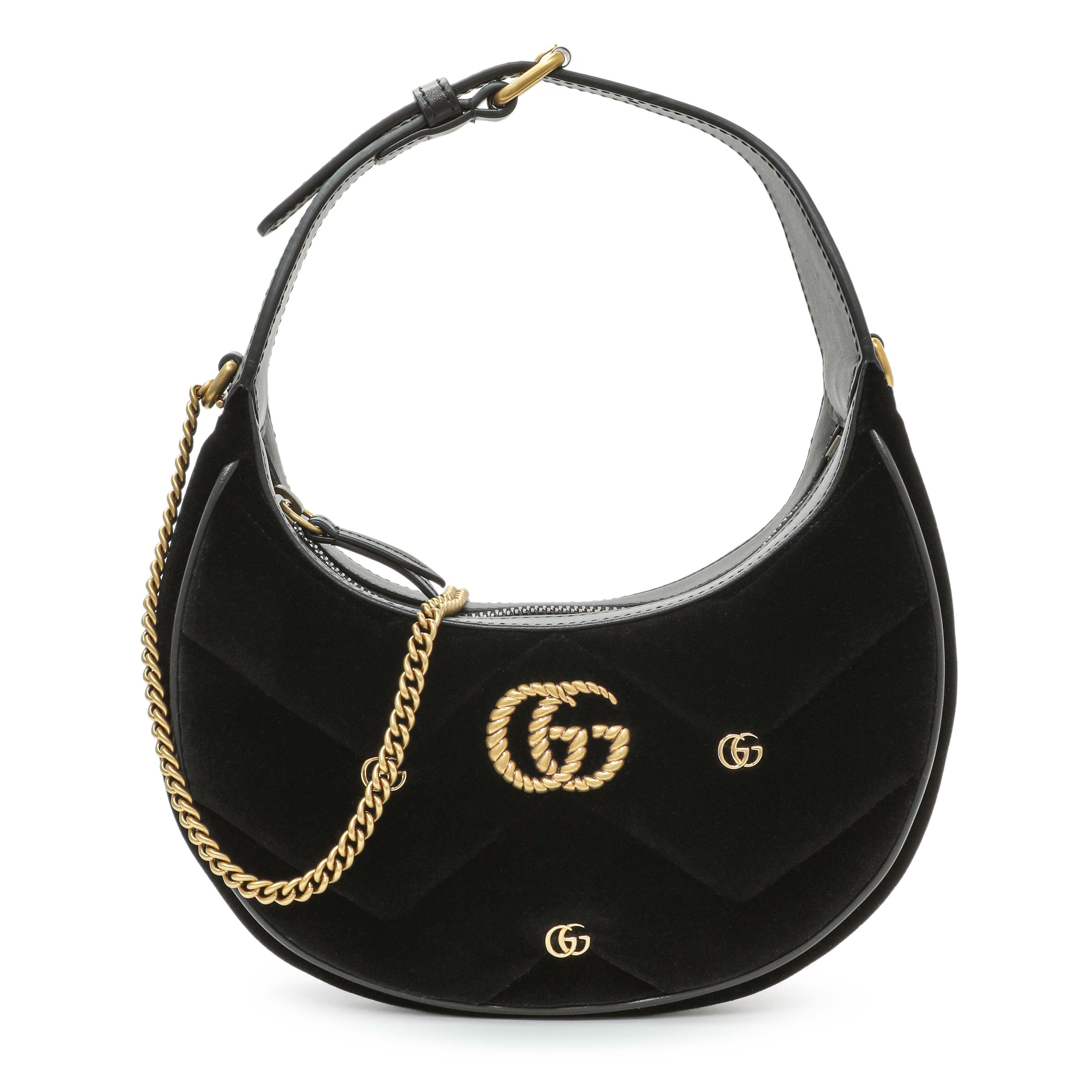 Gucci Black Velvet Matelasse Double G Studs Marmont Half Moon Hobo