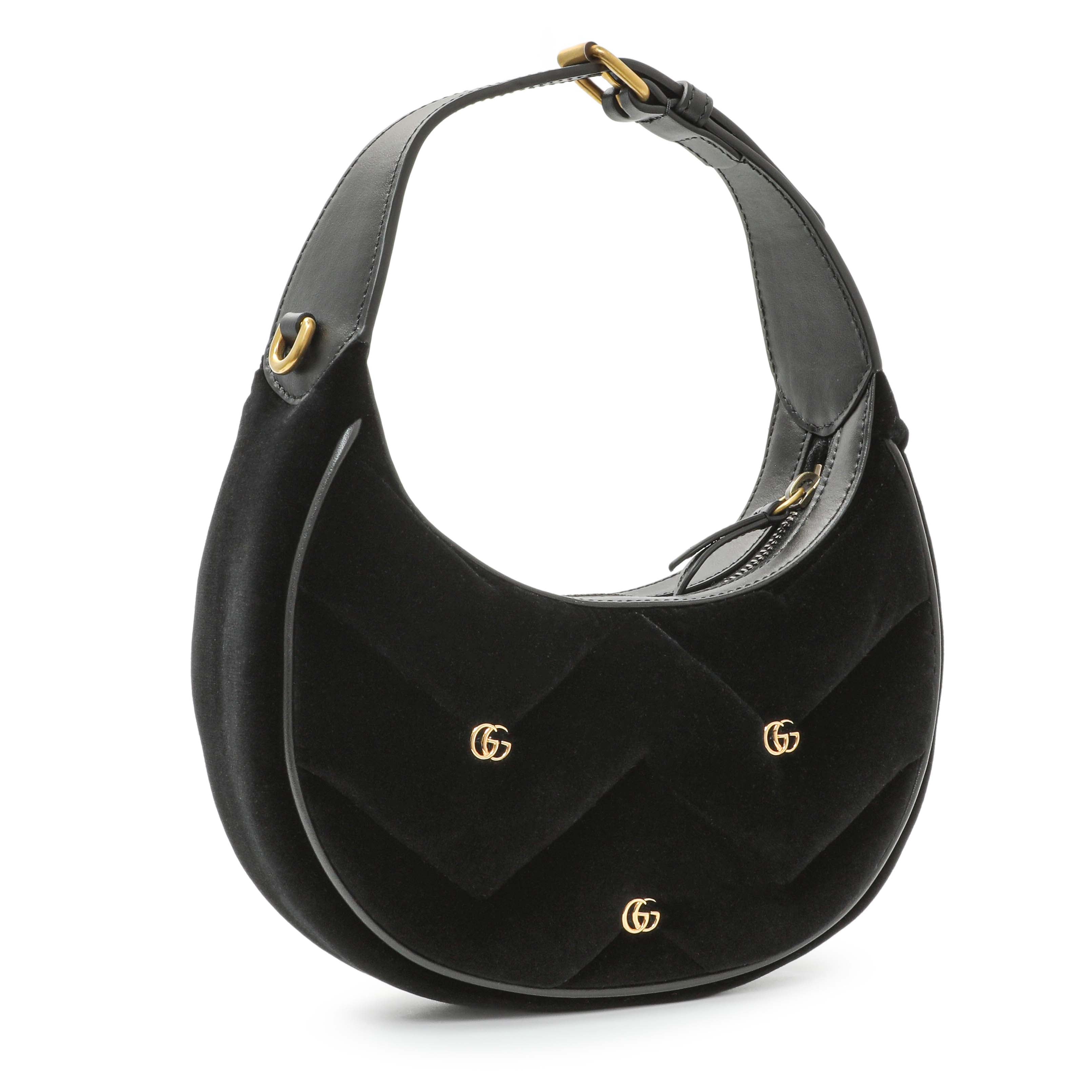 Gucci Black Velvet Matelasse Double G Studs Marmont Half Moon Hobo