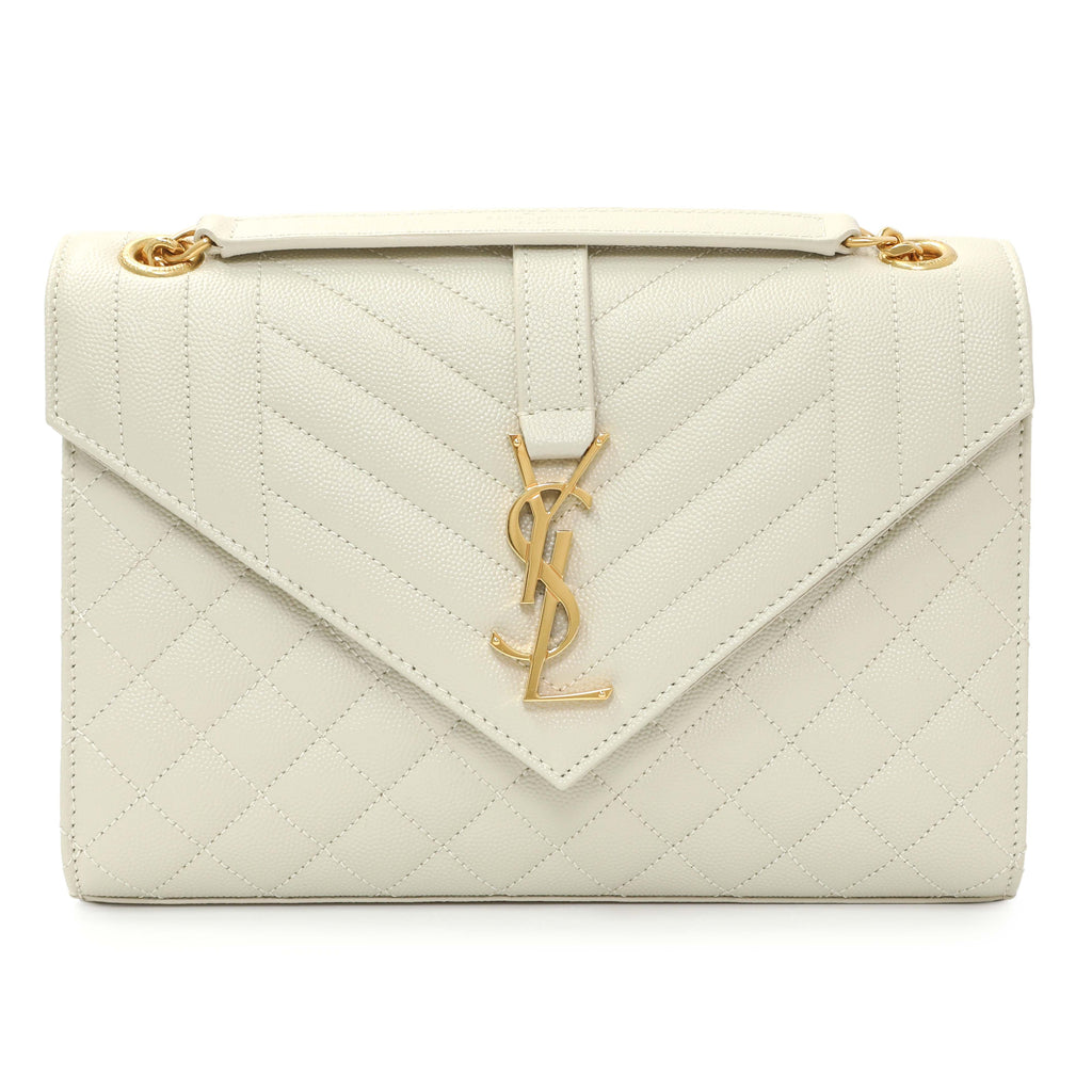 Saint Laurent Crema Grain De Poudre Matelasse Chevron Medium Triquilt Monogram Satchel