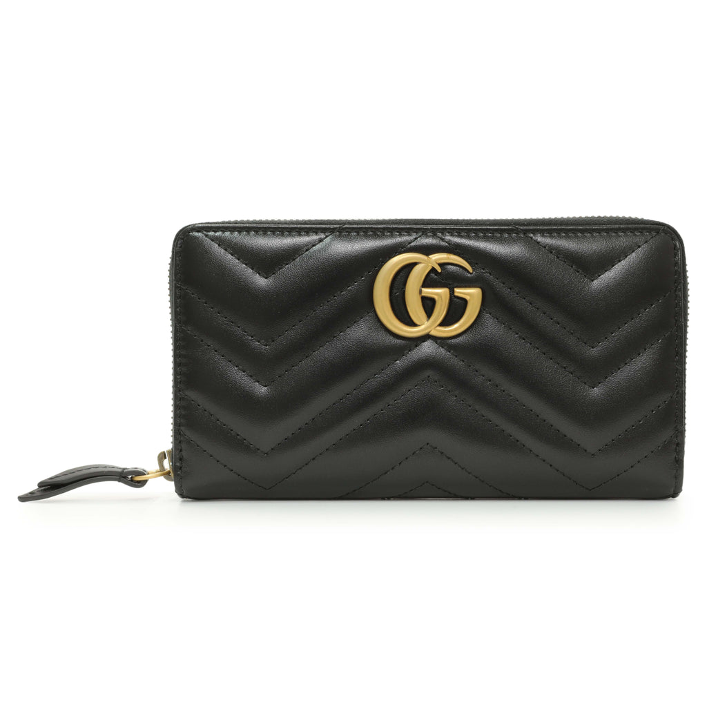 Gucci Black Calfskin Matelasse GG Marmont Zip Around Wallet