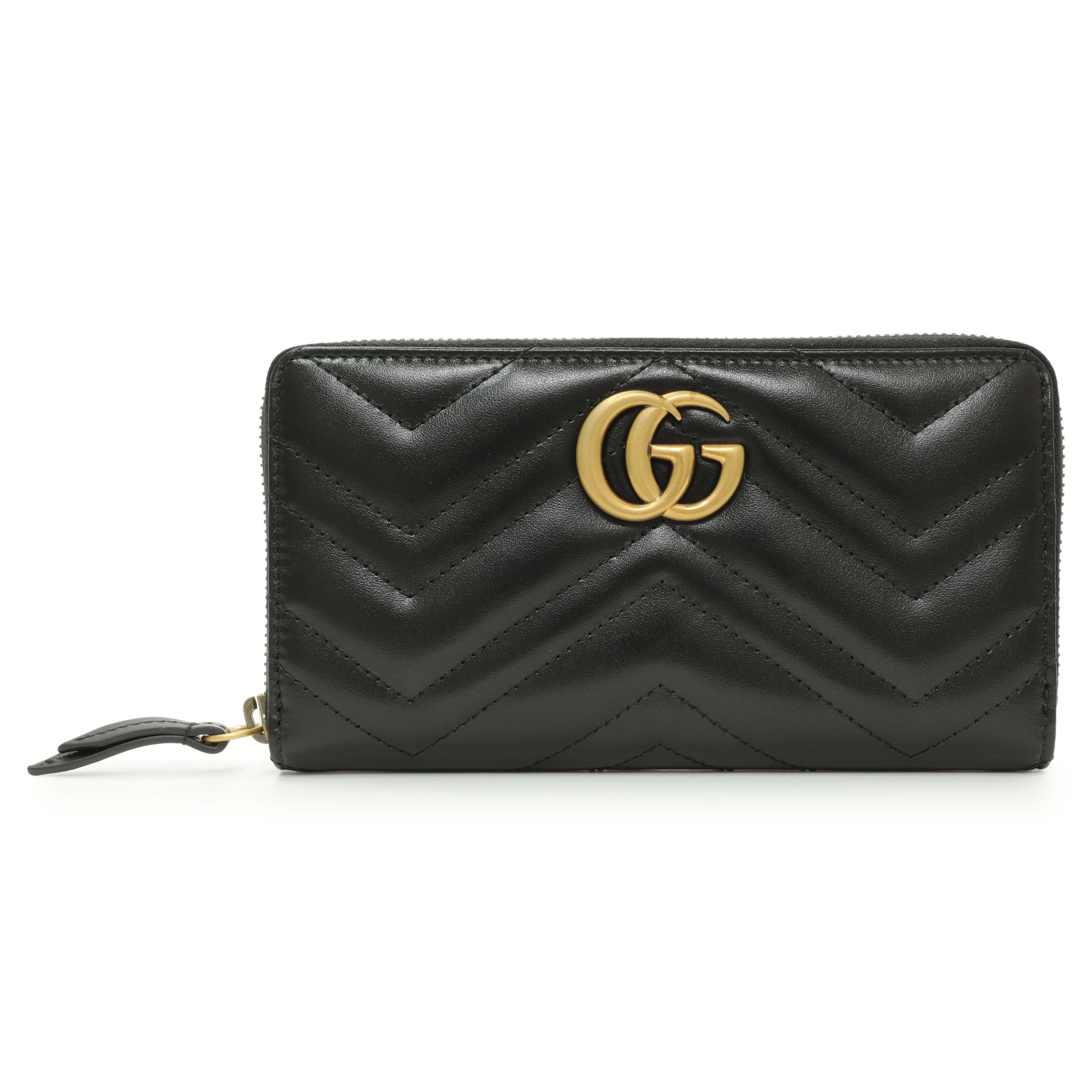 Gucci Black Calfskin Matelasse GG Marmont Zip Around Wallet