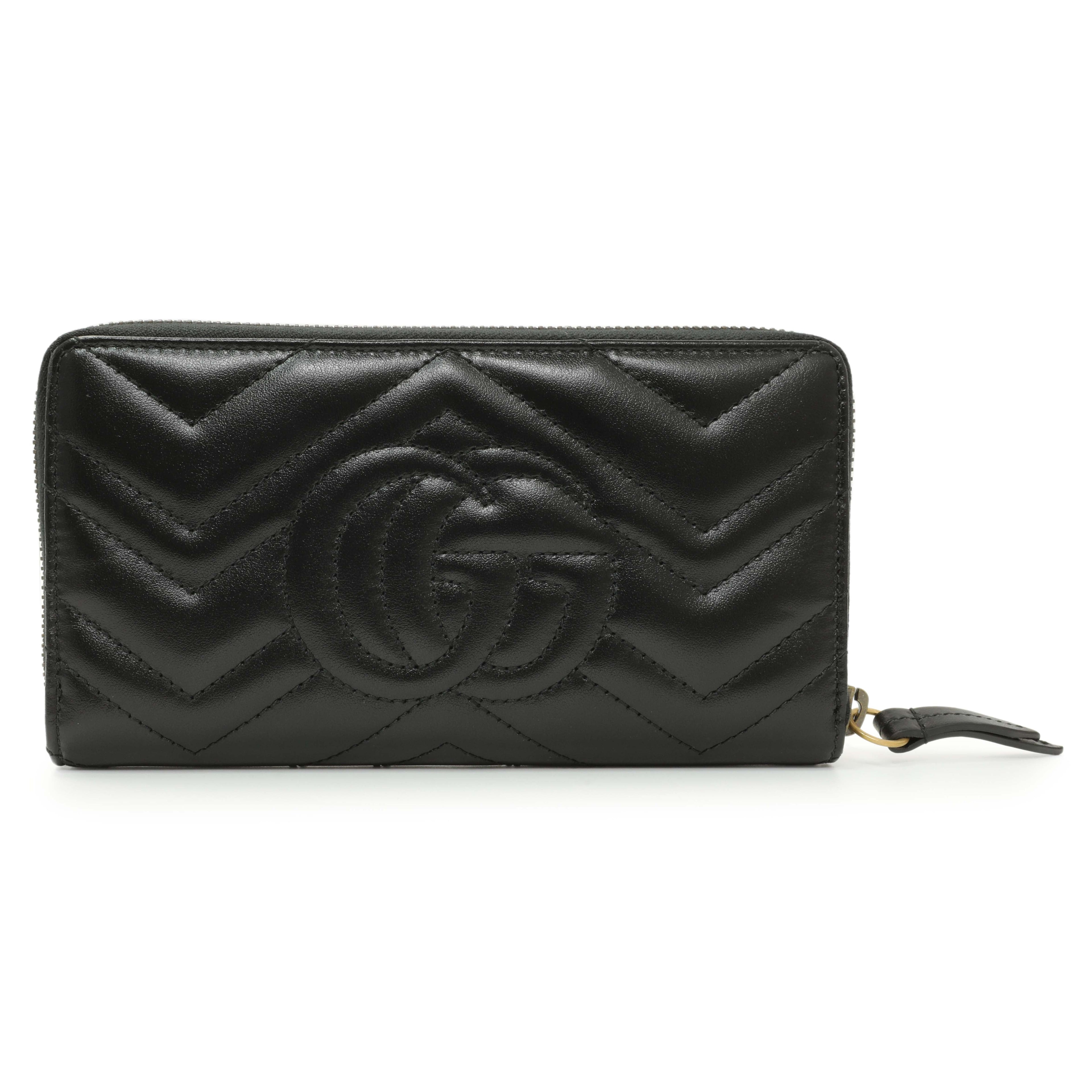 Gucci Black Calfskin Matelasse GG Marmont Zip Around Wallet