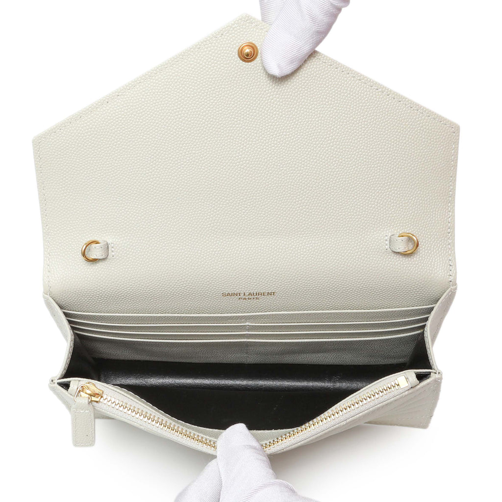 Saint Laurent Crema Grain De Poudre Matelasse Chevron Monogram Envelope Chain Wallet
