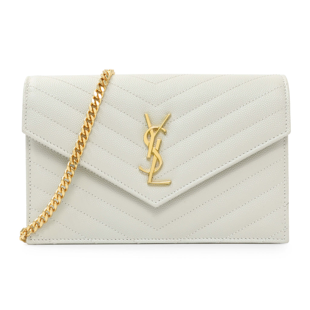 Saint Laurent Crema Grain De Poudre Matelasse Chevron Monogram Envelope Chain Wallet