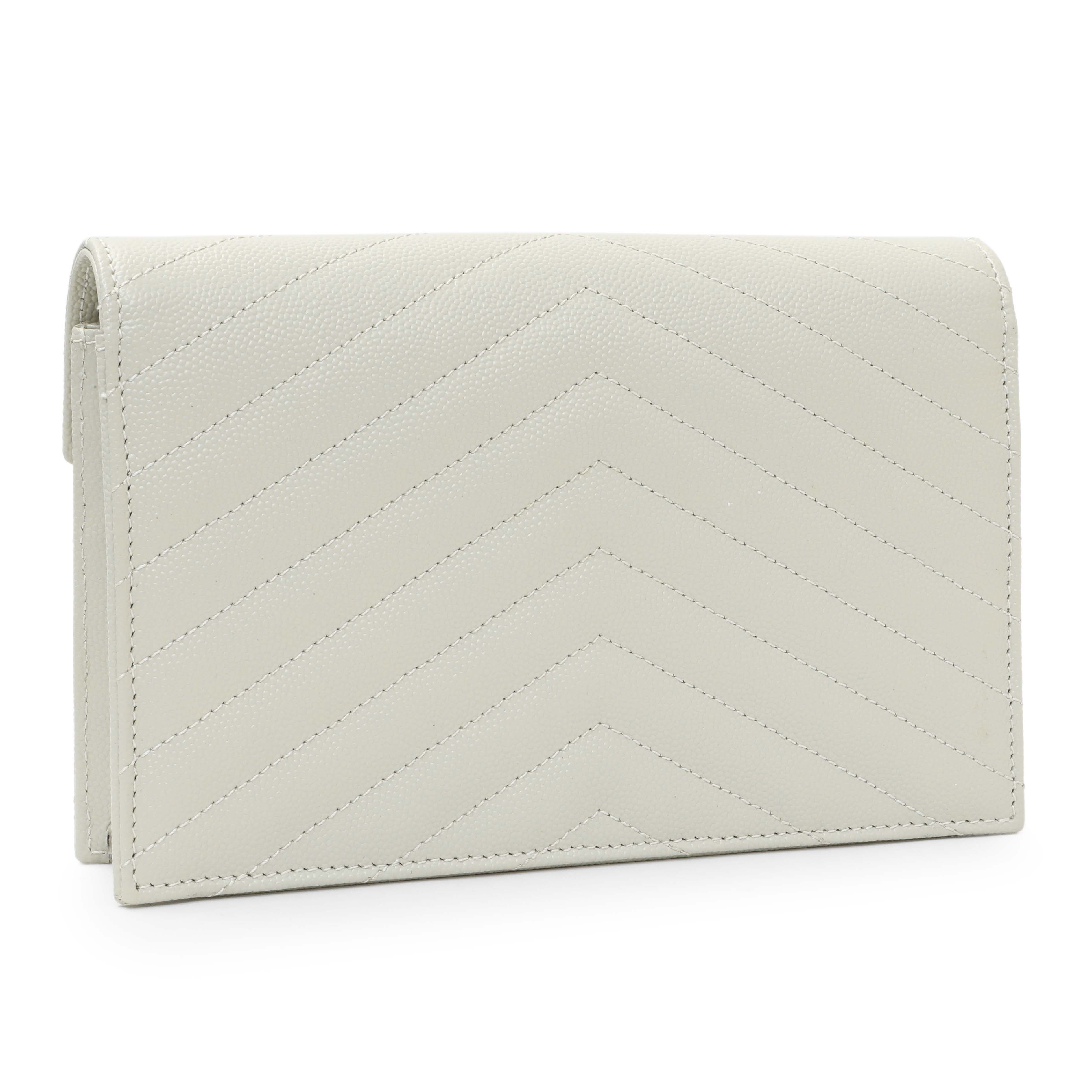 Saint Laurent Crema Grain De Poudre Matelasse Chevron Monogram Envelope Chain Wallet