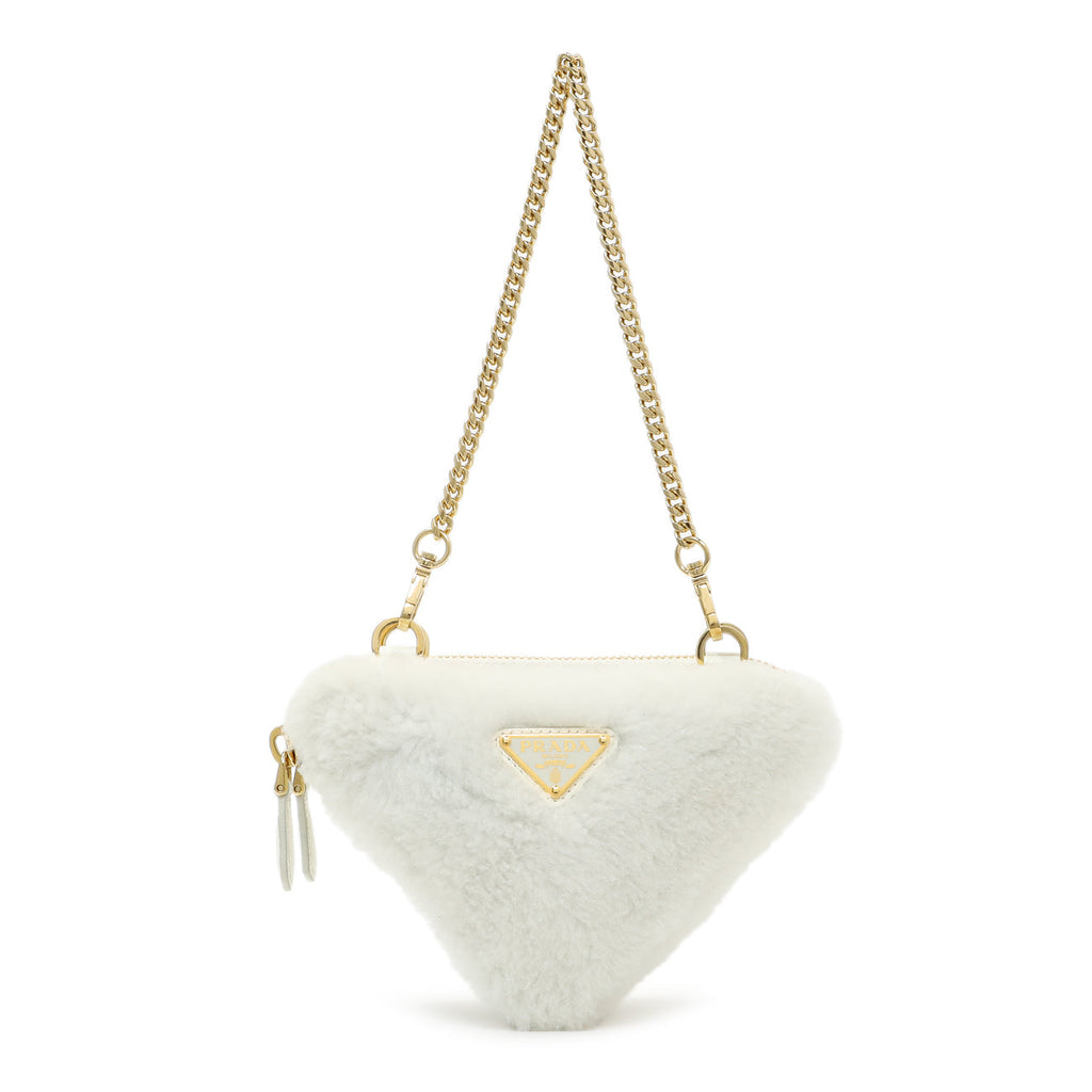 Prada White Shearling Mini Triangle Crossbody Pouch