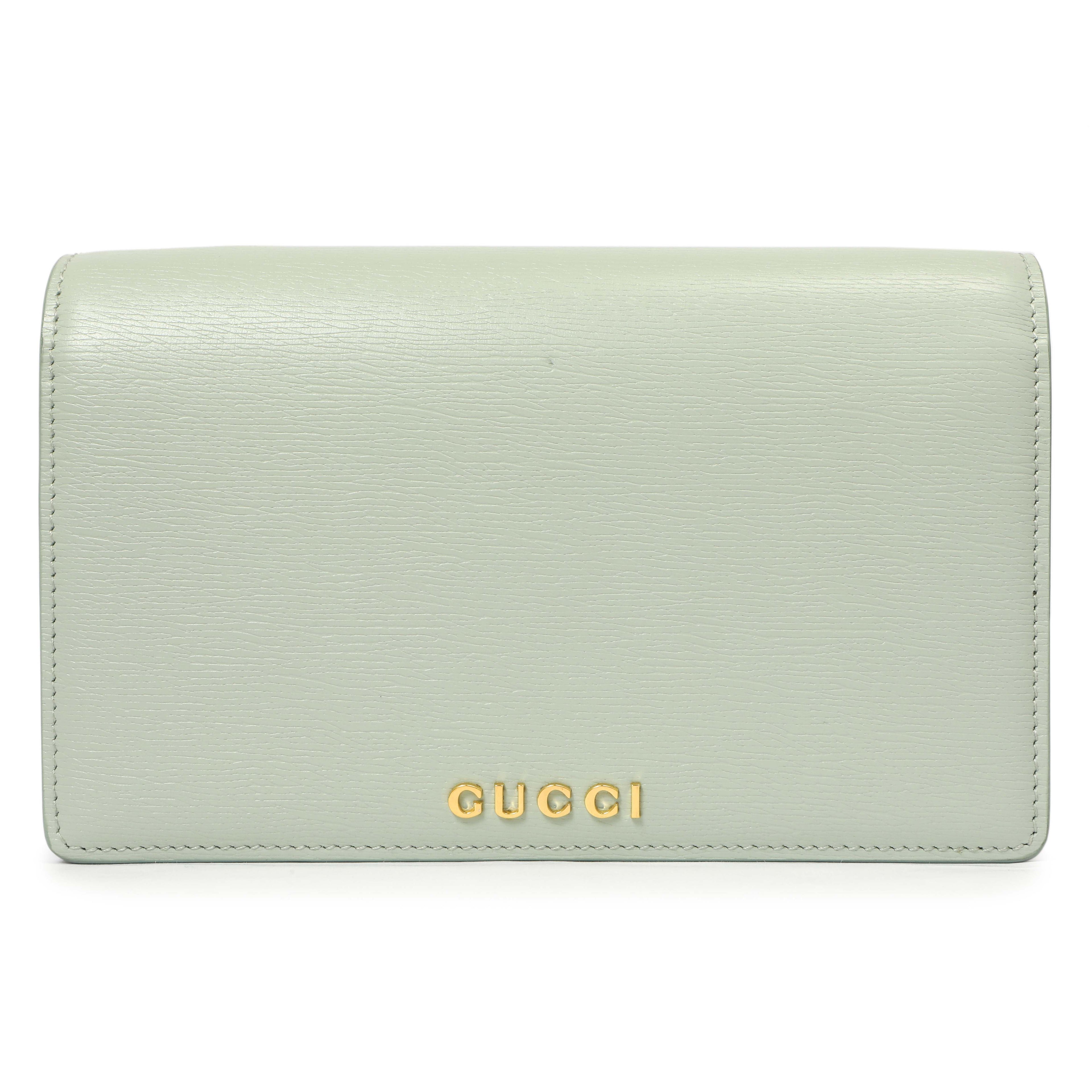 Gucci Pale Green Textured Calfskin Script Logo Chain Wallet
