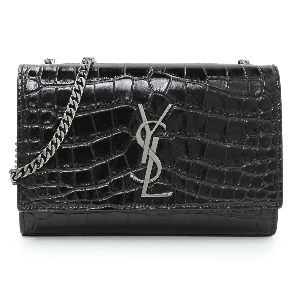 Saint Laurent Calfskin Crocodile Embossed Small Classic Monogram Kate Satchel