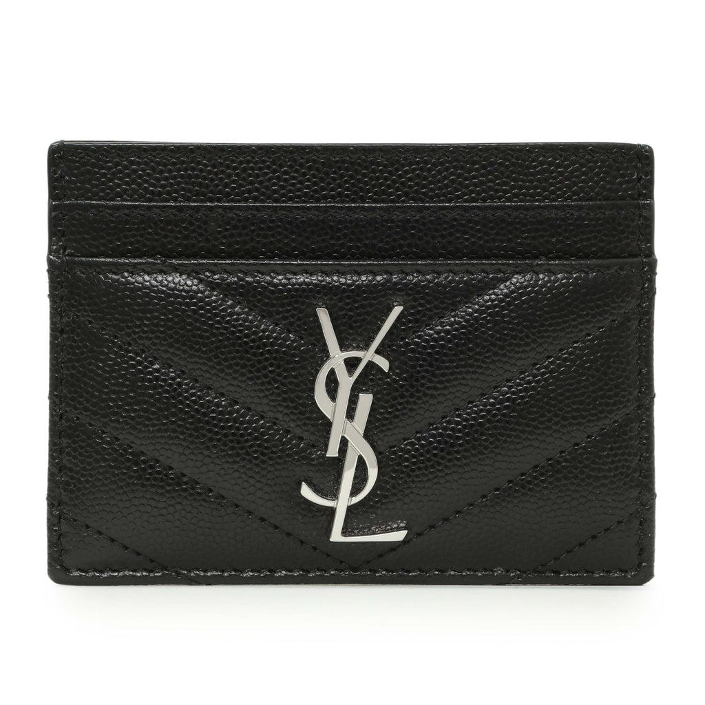 Saint Laurent Black Grain De Poudre Matelasse Chevron Monogram Credit Card Case